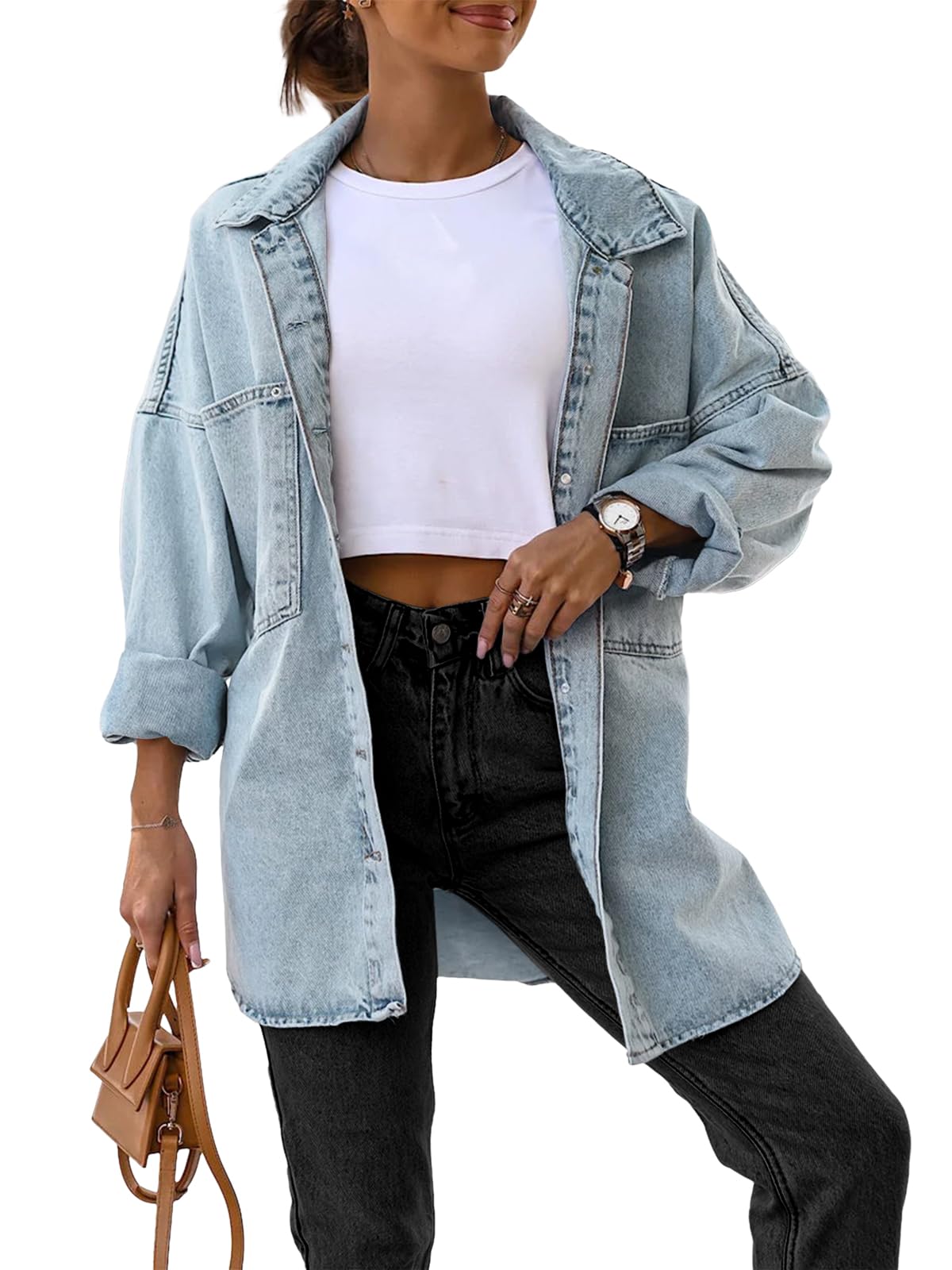 Saodimallsu Womens Oversized Denim Jackets Casual Button Down Long Boyfriend Jean Coats with Pockets