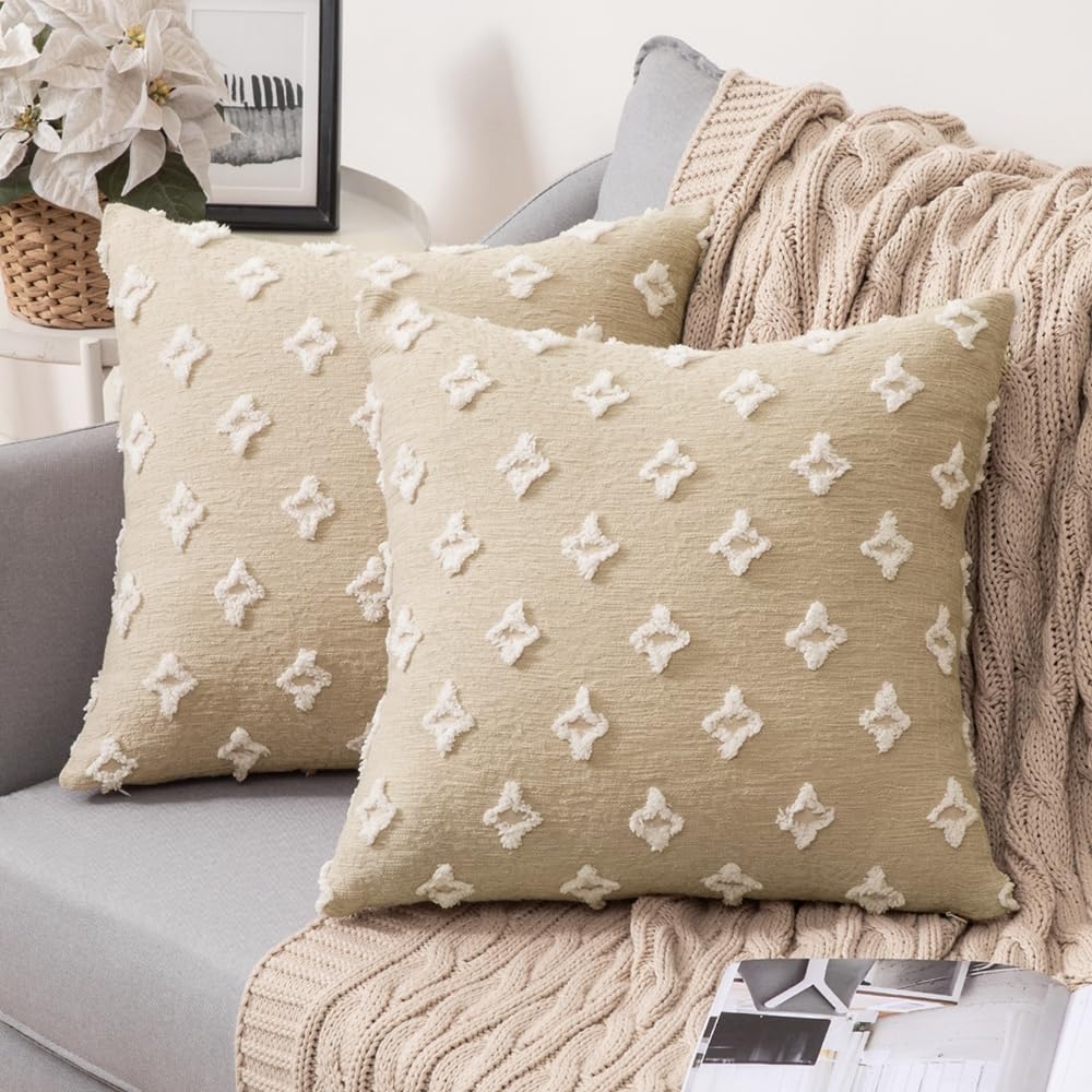 MIULEE Set of 2 Decorative Throw Pillow Covers Rhombic Jacquard Pillowcase Soft Square Cushion Case for Couch Sofa Bed Bedroom Living Room, 20x20 Inch, Tan