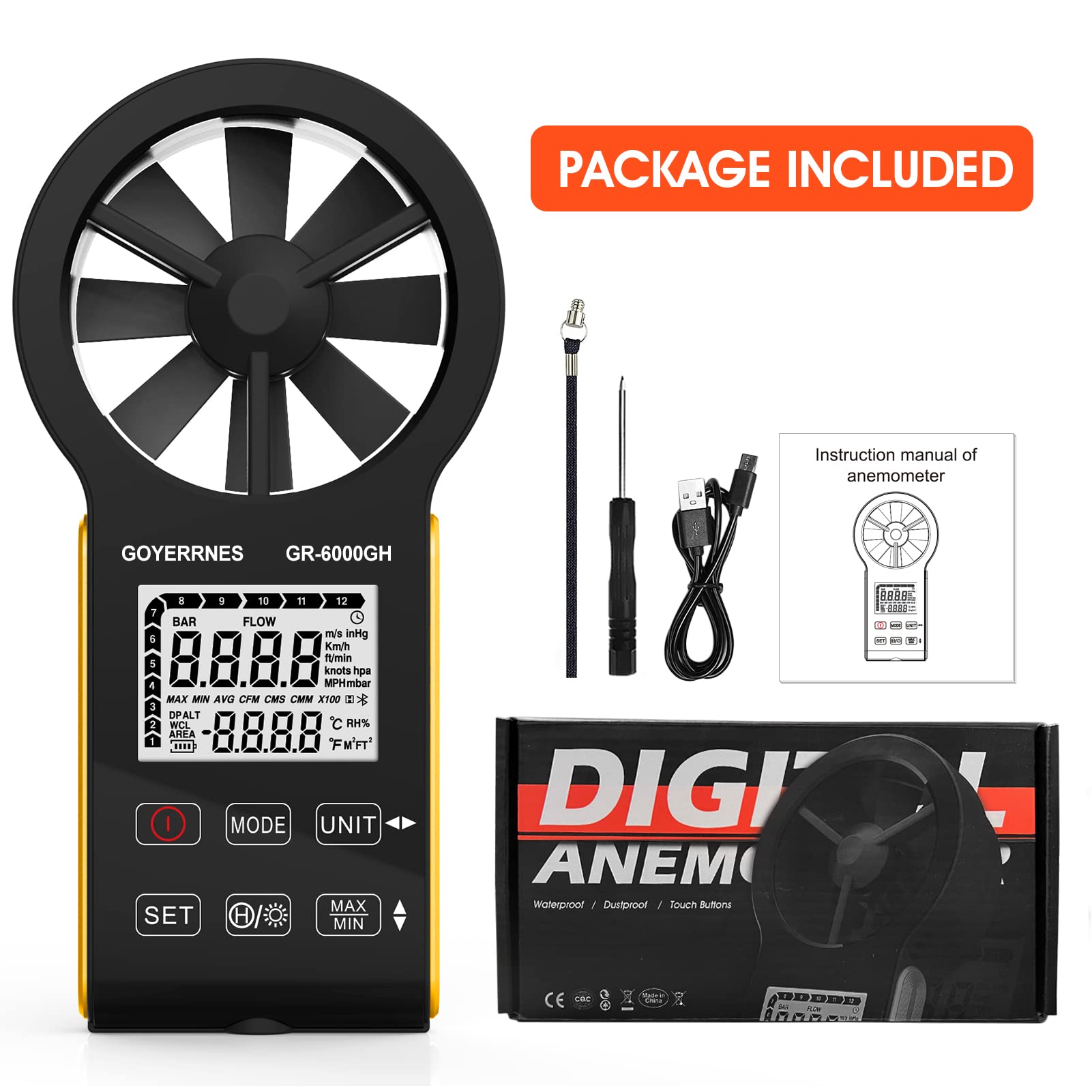 Anemometro digitale portatile misuratore di velocità del vento CFM GR-6000GH tester di flusso d'aria che misura la velocità dell'aria e temperatura del volume d'aria per bocchette HVAC, barca a vela
