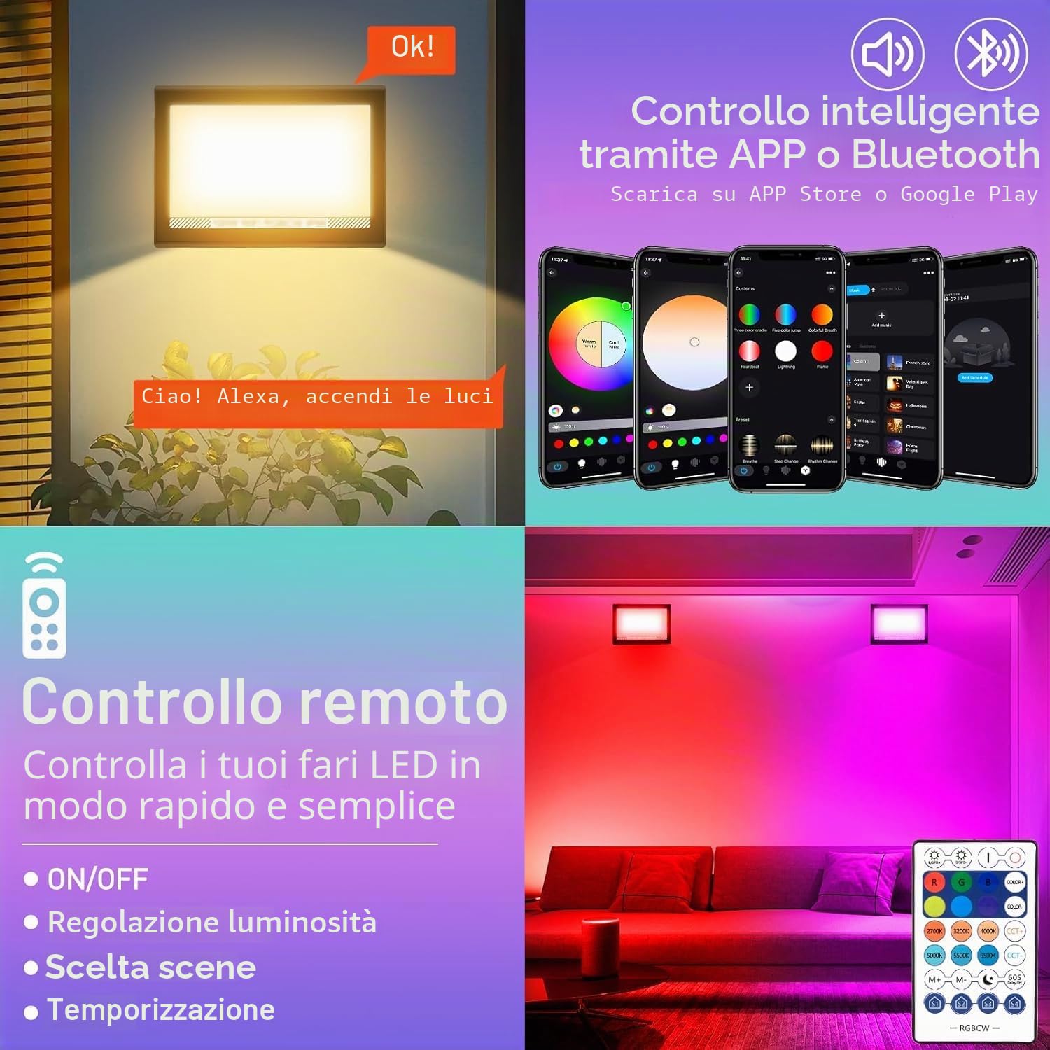 Faro LED Esterno RGB, T-SUNUS 30W Proiettore LED RGB WIFI IP66 Impermeabile Faretto LED RGB Esterno Controllo APP Bluetooth per Giardino Cortile Halloween Party 2 Pezzi