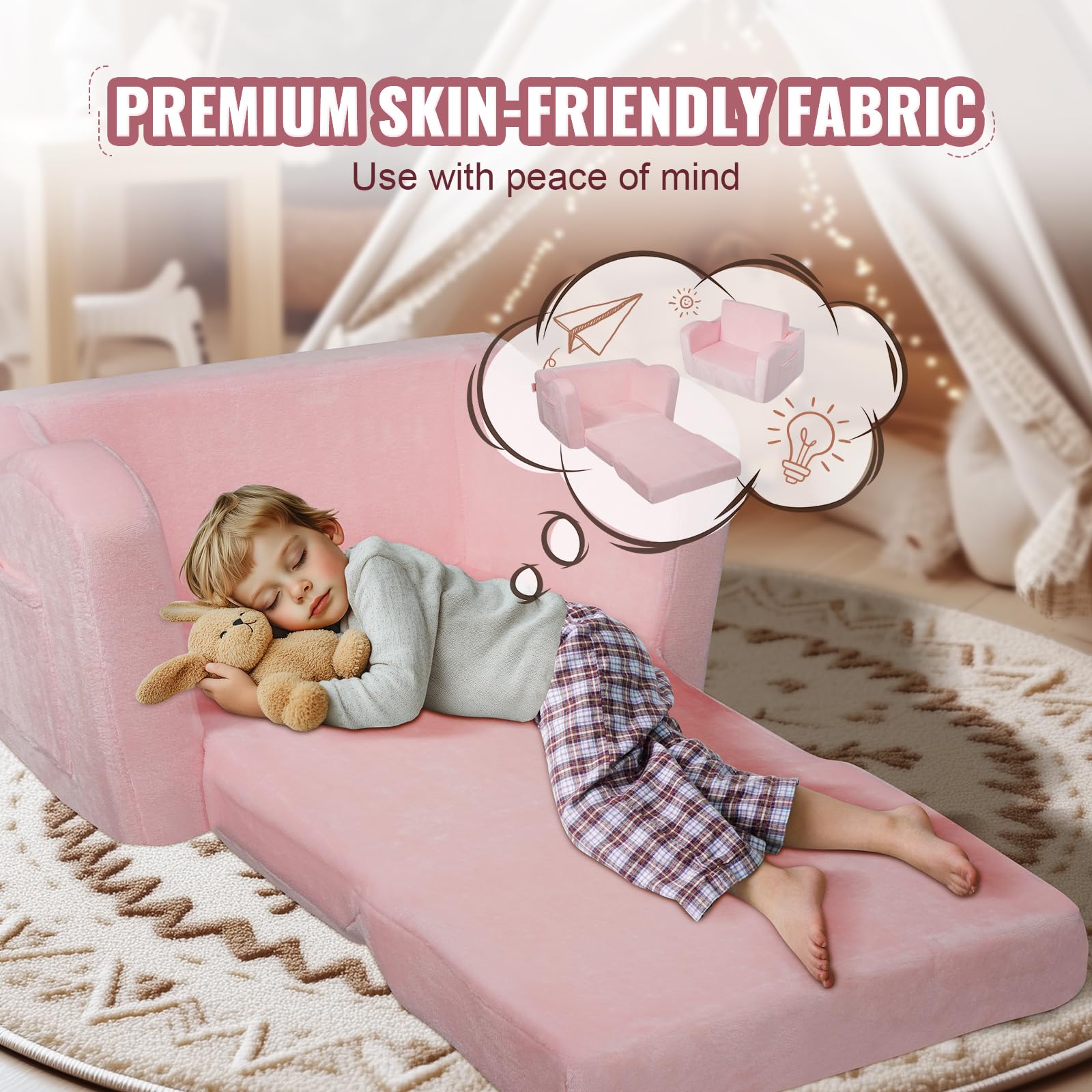 VEVOR Divano per bambini, 2 in 1, comodo divano letto pieghevole, convertibile da divano a lettino, sedia per bambini, mobili per la stanza dei giochi, per bambini e ragazze, rosa
