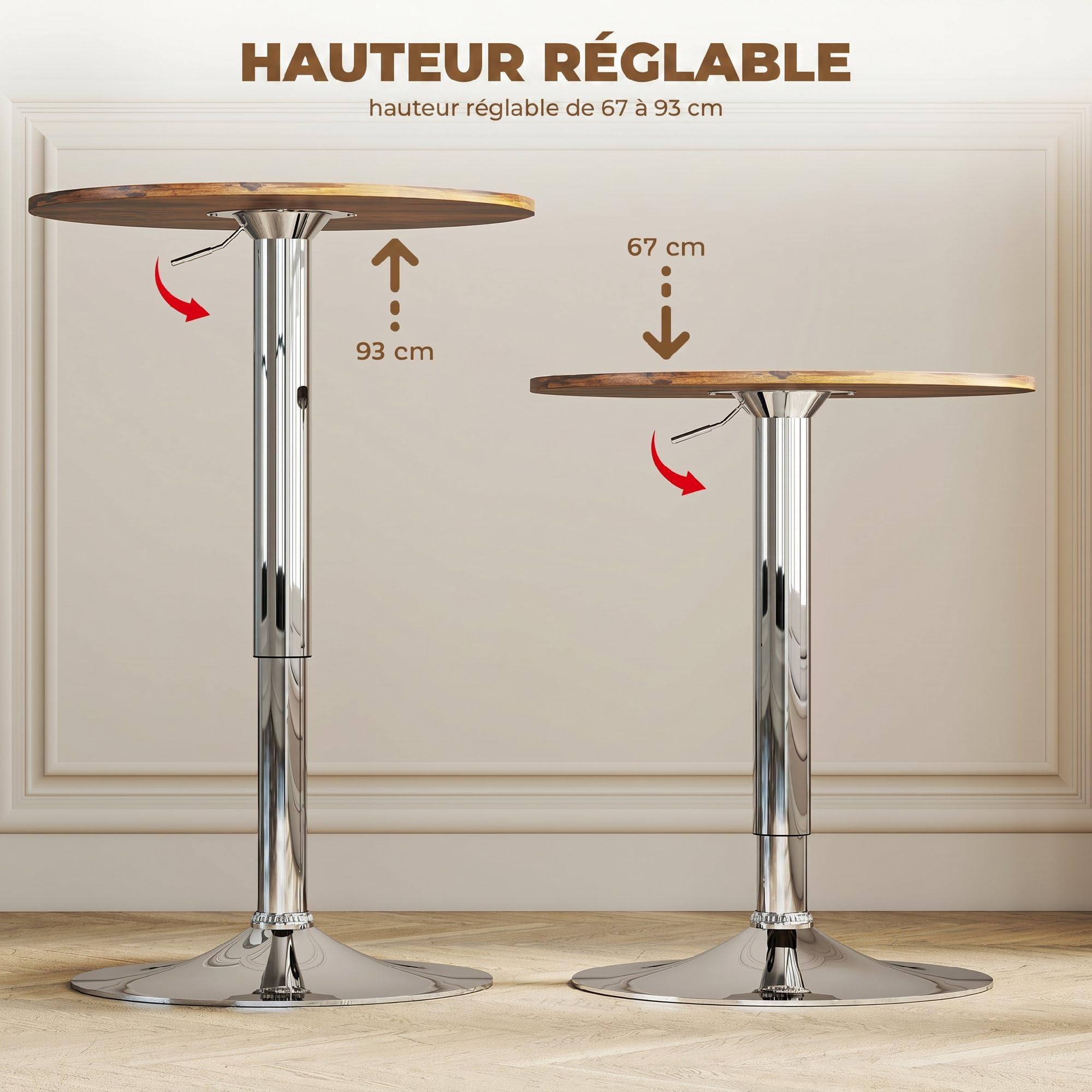 HOMCOM Table de Bar Table Bistro Hauteur Réglable 67-93 cm Ø 60 cm Marron