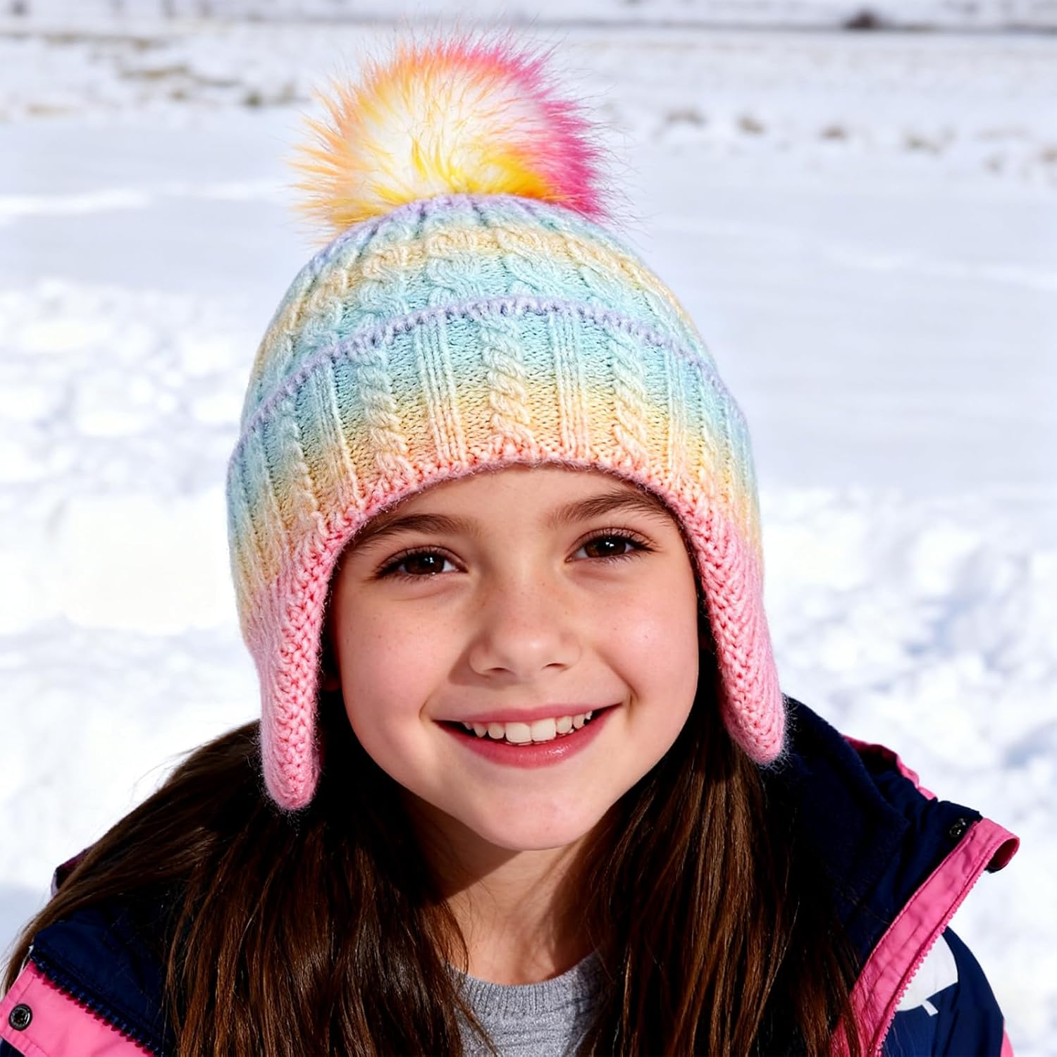 Girls Ski Beanie with Ear Flaps - Rainbow Warm Knit Skull Cap for Girls, Cozy Fleece-Lined Hat for Outdoor Play & Daily Use - Image 6