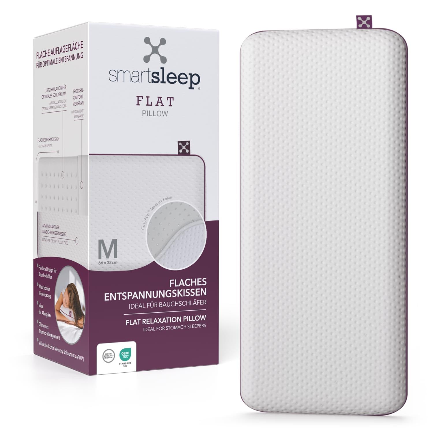 smartsleep Almohada cervical plana – Almohada ergonómica extraplana para dormir boca abajo, almohada plana para el dolor de cuello de espuma viscoelástica