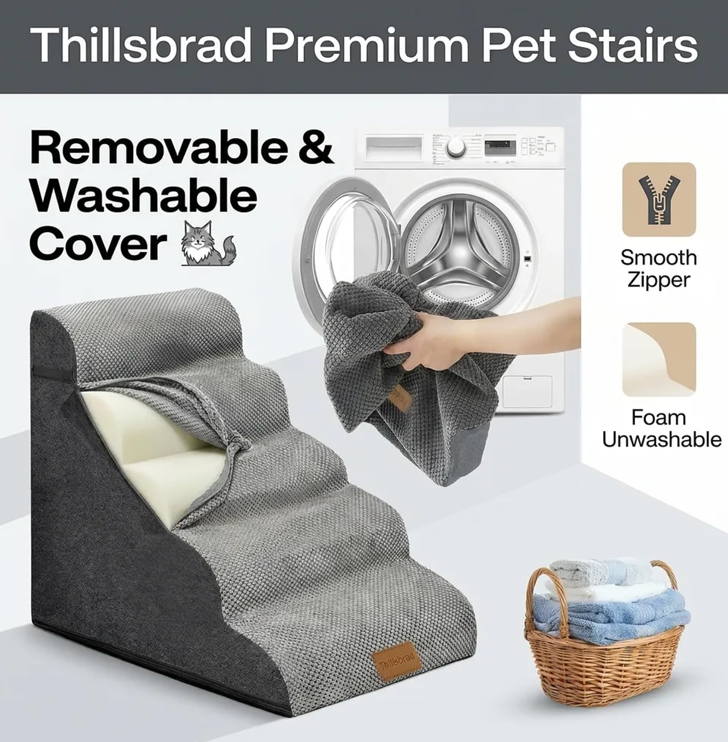 Breite Hundetreppe (62 cm hoch), 5 Stufen Tiertreppe aus hochdichtem Schaumstoff für kleine bis sehr große Hunde, rutschfeste Haustiertreppe mit waschbarem Bezug