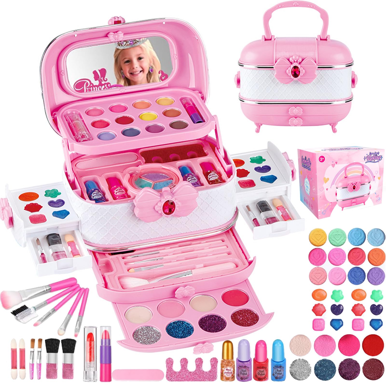 Beauenty Kids Makeup Kit for Girl, 54PCS Washable Real Makeup Set for Girls with Portable Makeup Box, Safe & Non-Toxic Kids Makeup Toys for Girls Aged 4 5 6 7+ Year Old (A)