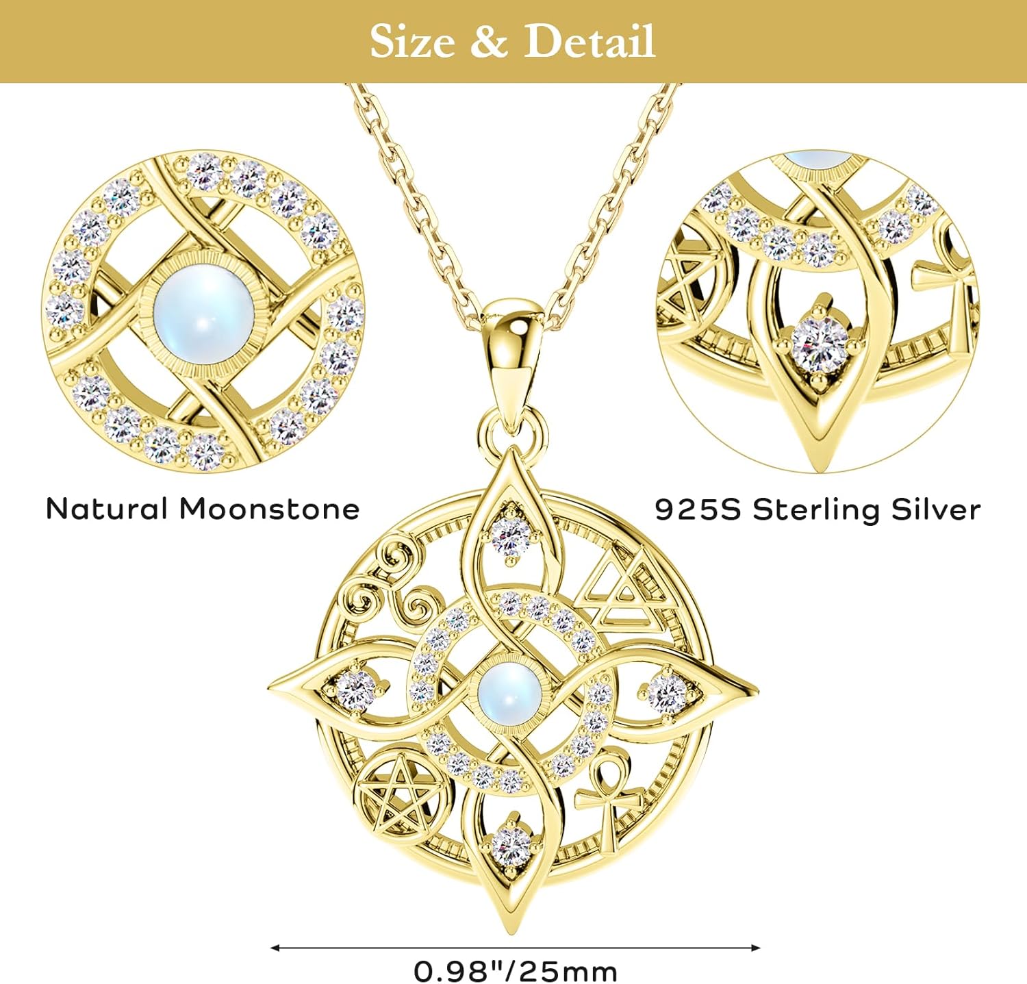925 Sterling Silver Witch Knot Necklace with Moonstone – Wiccan Pagan Jewelry with Pentacle & Ankh Symbols – Spiritual Protection Amulet Pendant – Celtic Moonstone Necklace Gift for Women - Image 7
