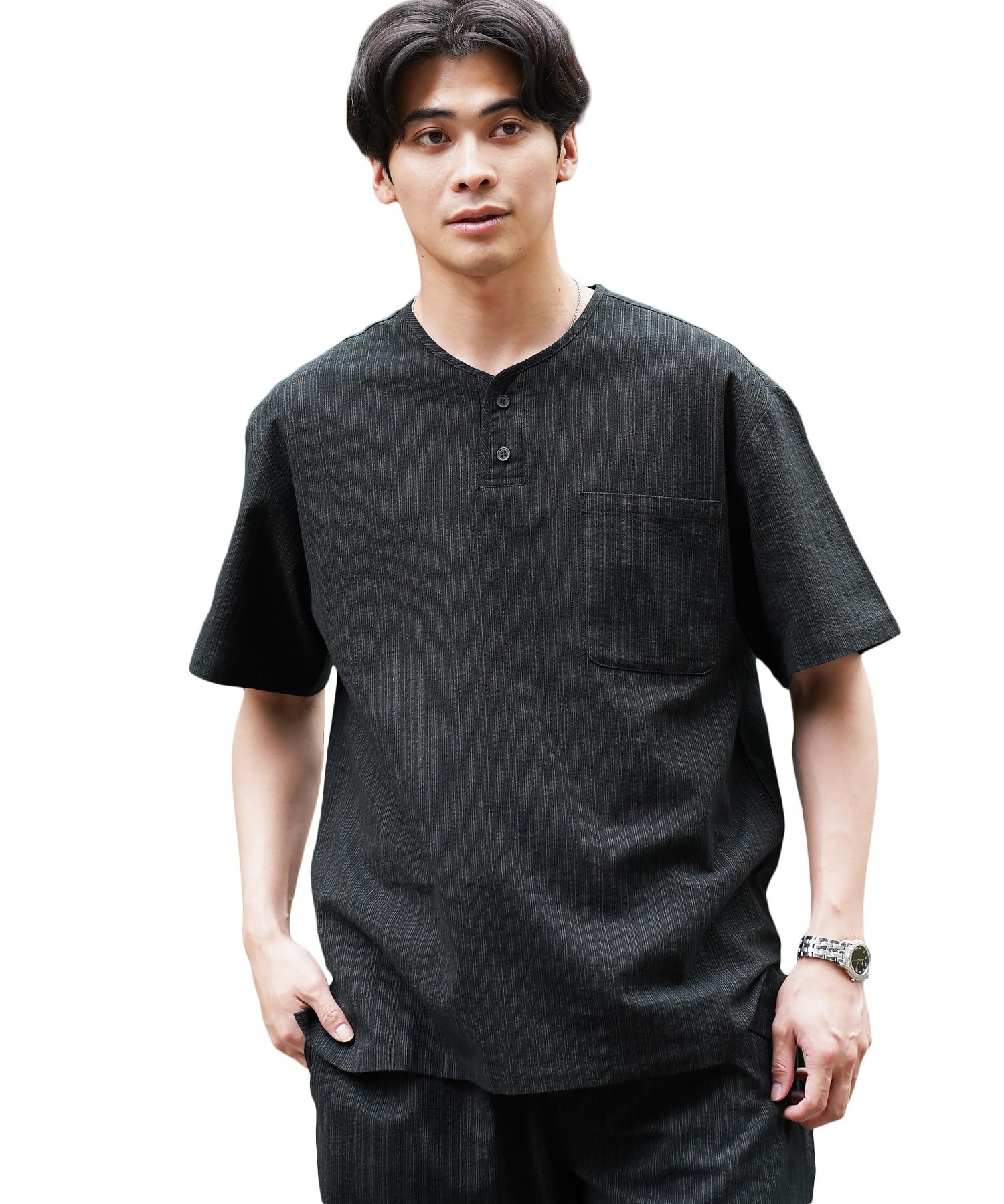Jiggys Shop Jinbei Men's Top and Bottom Set, Jinbei, 100% Cotton, Kimono, Shijira Weave, Father's Day, Nightwear, Loungewear, Summer Clothing, Festivals, Fireworks, B Black Rainy (Henley Neck) : Cloth