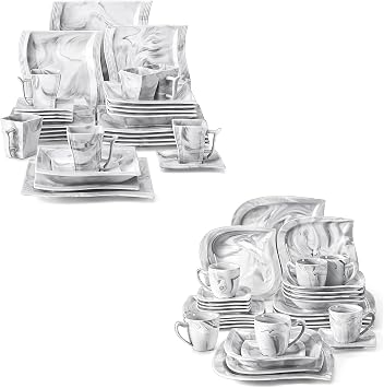 MALACASA FLORA 30 Piece Marble Grey Square Dinnerware Sets Bundle With ELVIRA 30 Piece Grey Dinner Set