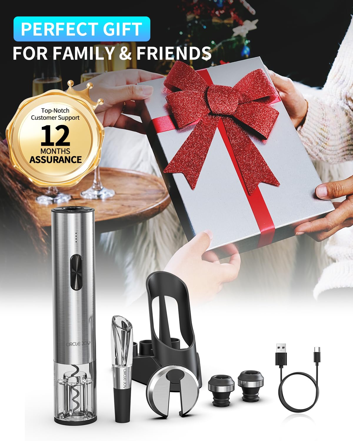 CIRCLE JOY Ouvre-bouteille électrique 7 en 1 en acier inoxydable rechargeable avec pompe à vide automatique, coupe-capsule, bec verseur, 2 bouchons sous vide et station de charge