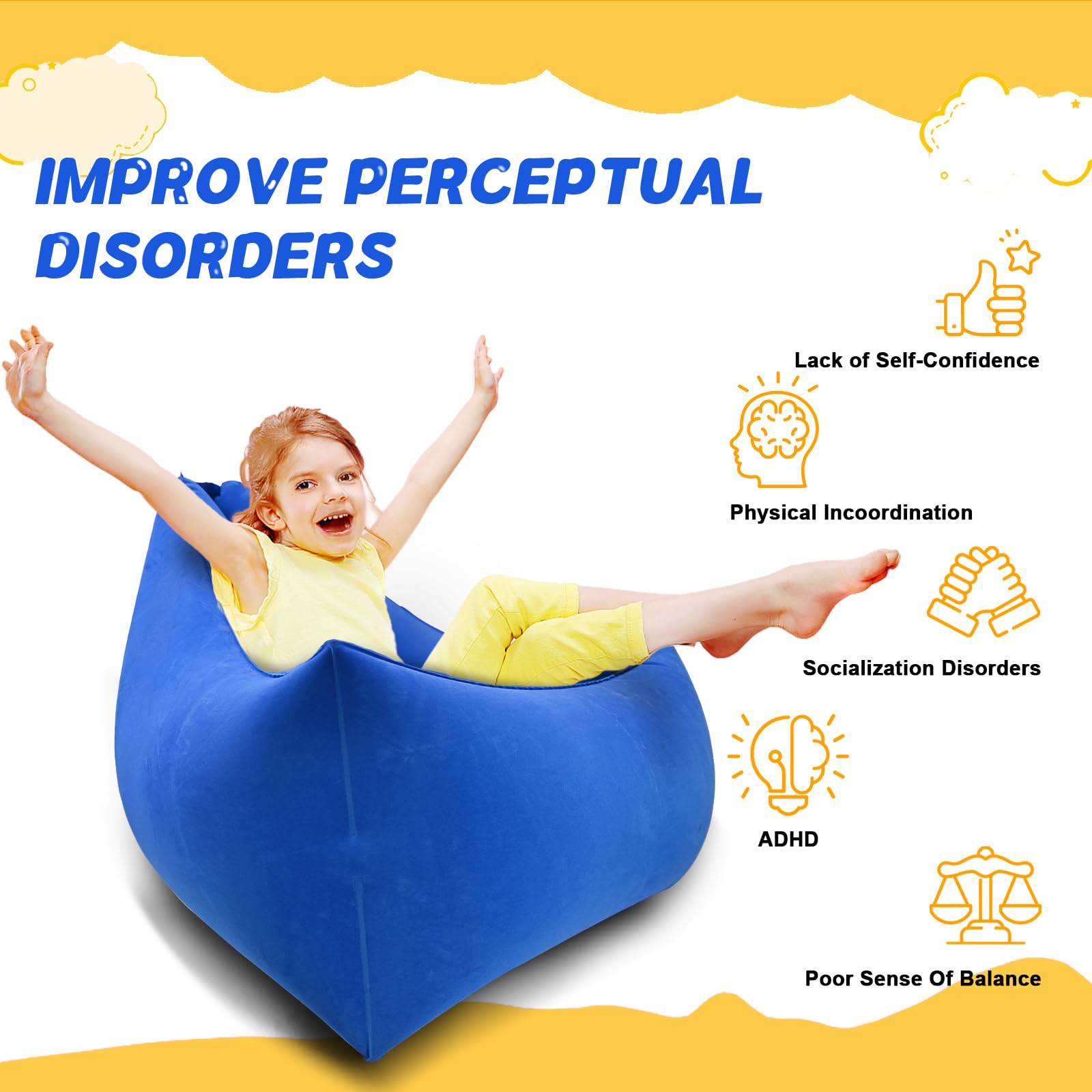 Silla sensorial para niños, silla calmante inflable para niños autistas, Peapod inflable con bomba de aire eléctrica, productos sensoriales para autismo, adecuada para niños con autismo y TDAH (azul