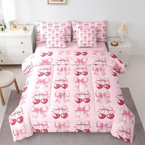 Feelyou Coquette Bow Cherry Comforter Set Twin Size Kids Boys Girls