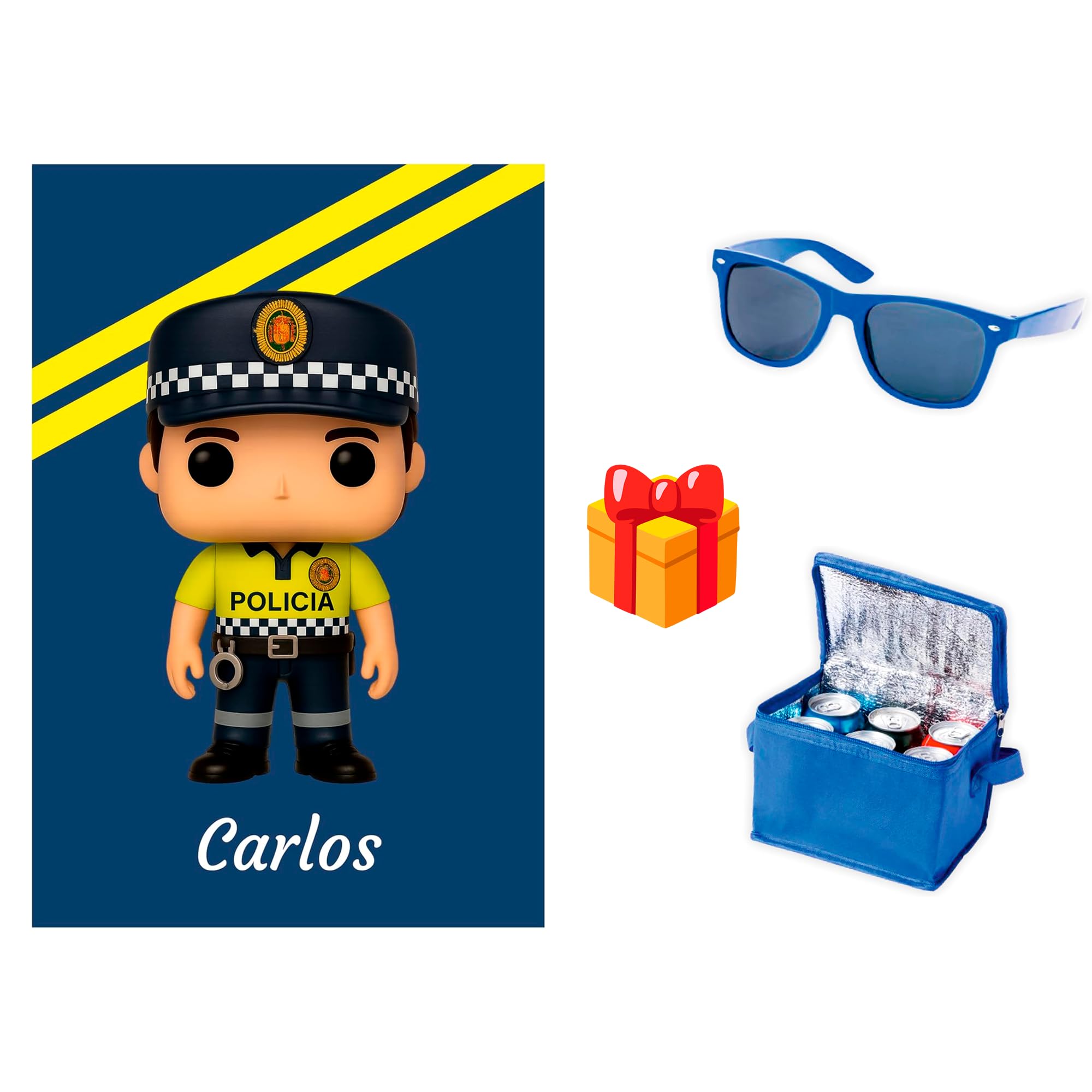 Pla Pla Pla Manta Personalizada de Policía Local con Muñeco – Nombre, Género y Color de Pelo a Elegir | Un Regalo Que Celebra Cercanía, Servicio y Vocación - con Nevera Y Gafas DE Sol DE Regalo