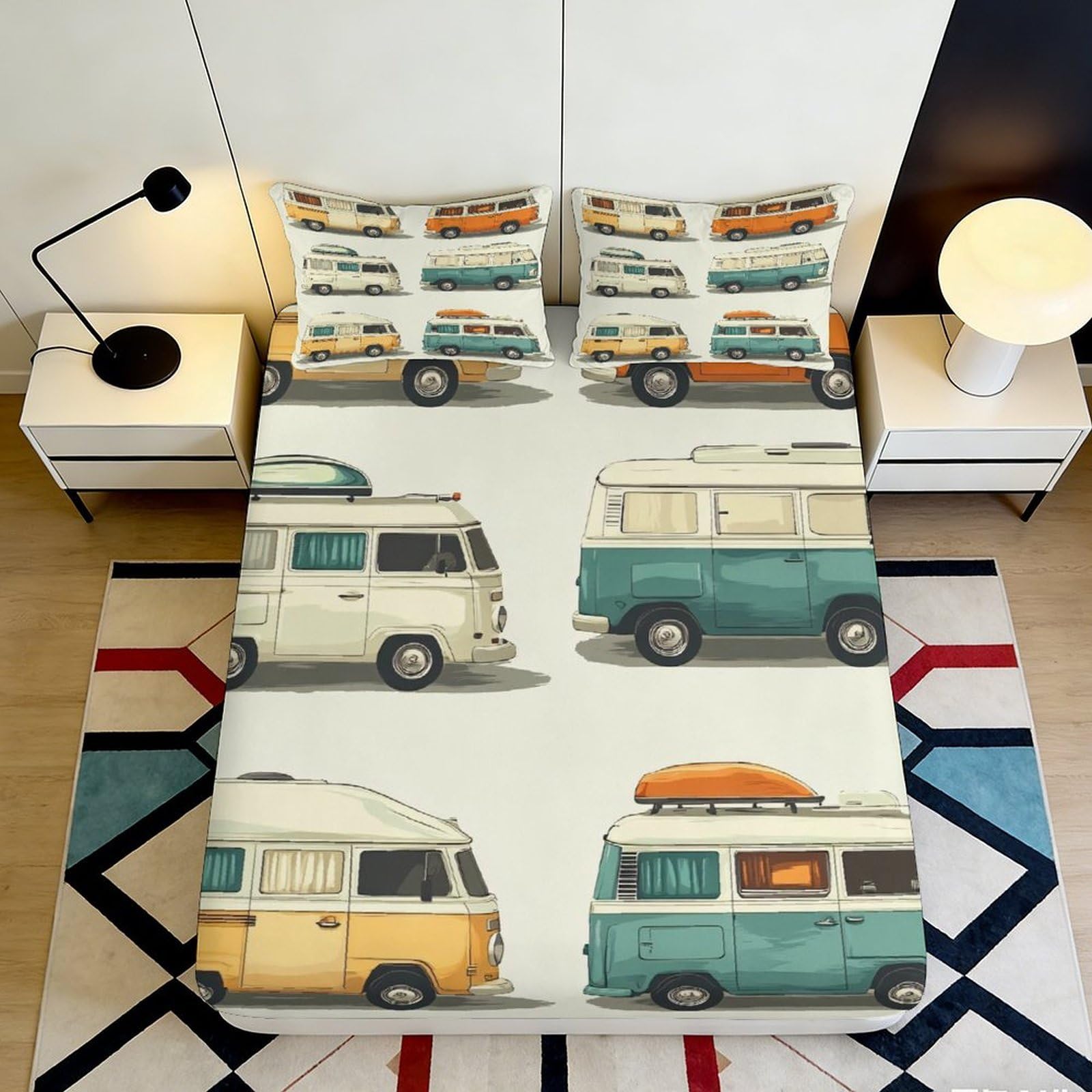 3D Printed Retro Camper Fitted Sheet Microfiber Deep Pocket Non-Slip Retro Camper Mattress Fitted Cover for Bedroom Bedding 160x200x25cm