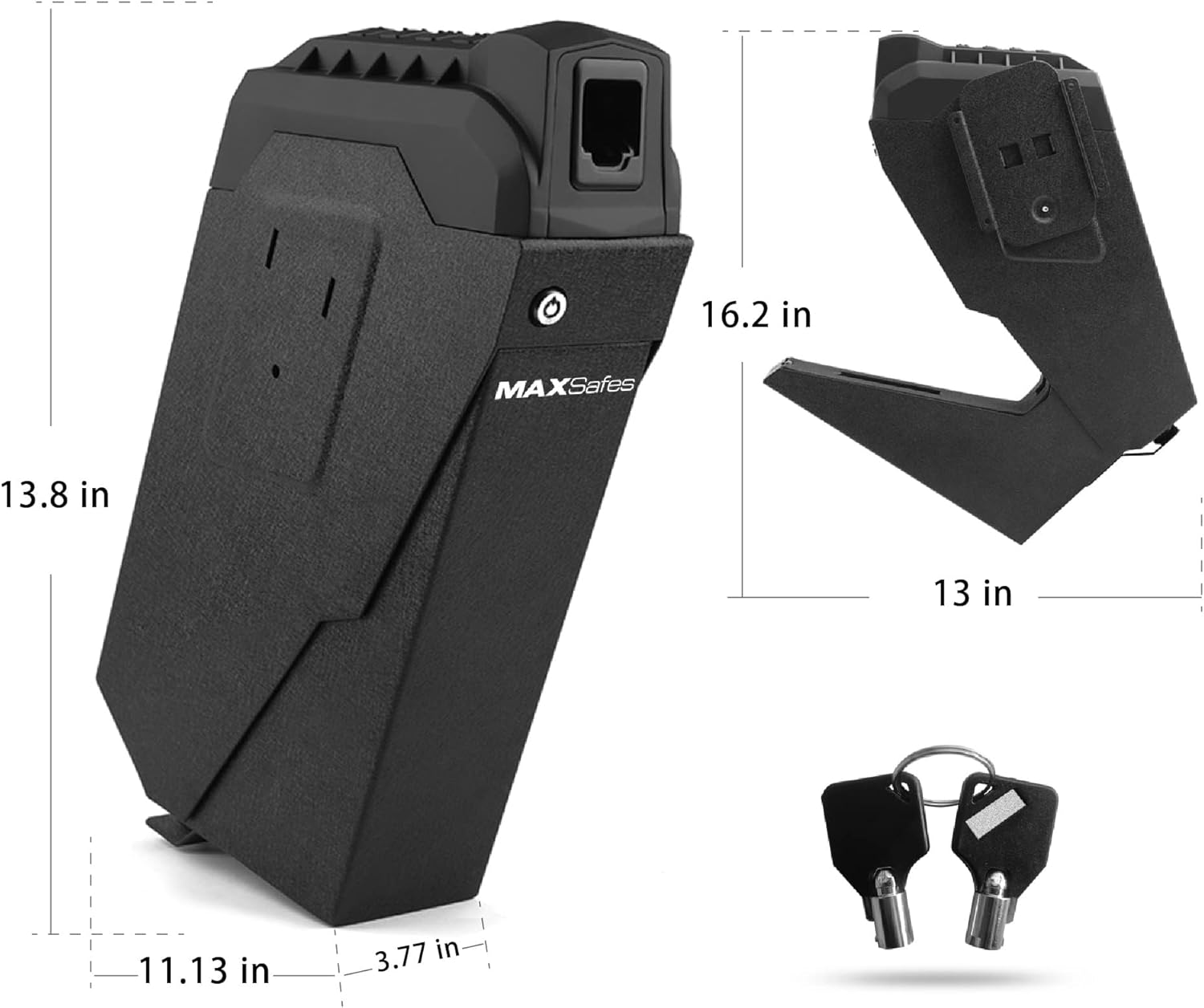 Image showing the dimensions of the MAXSafes 10002V safe: 13.8 inches high, 11.13 inches deep, 3.77 inches wide, and 16.2 inches high when open. Also shows two mechanical keys.
