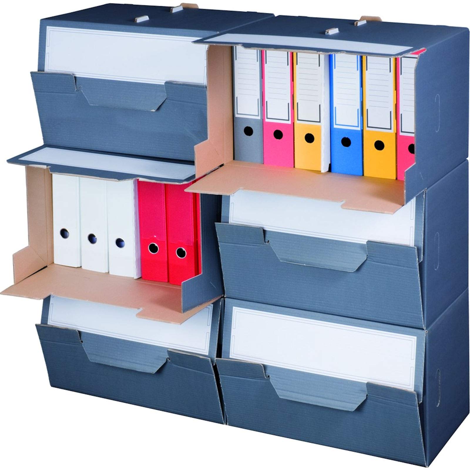 KK Verpackungen Archivbox | 10 Stück, Archivschachteln mit Frontklappe für 6 Ordner | Stapelbar, Zweiwelliger Karton mit Mittelsteg | Automatikboden, Tragegriffe | Anthrazit 520x340x330 mm