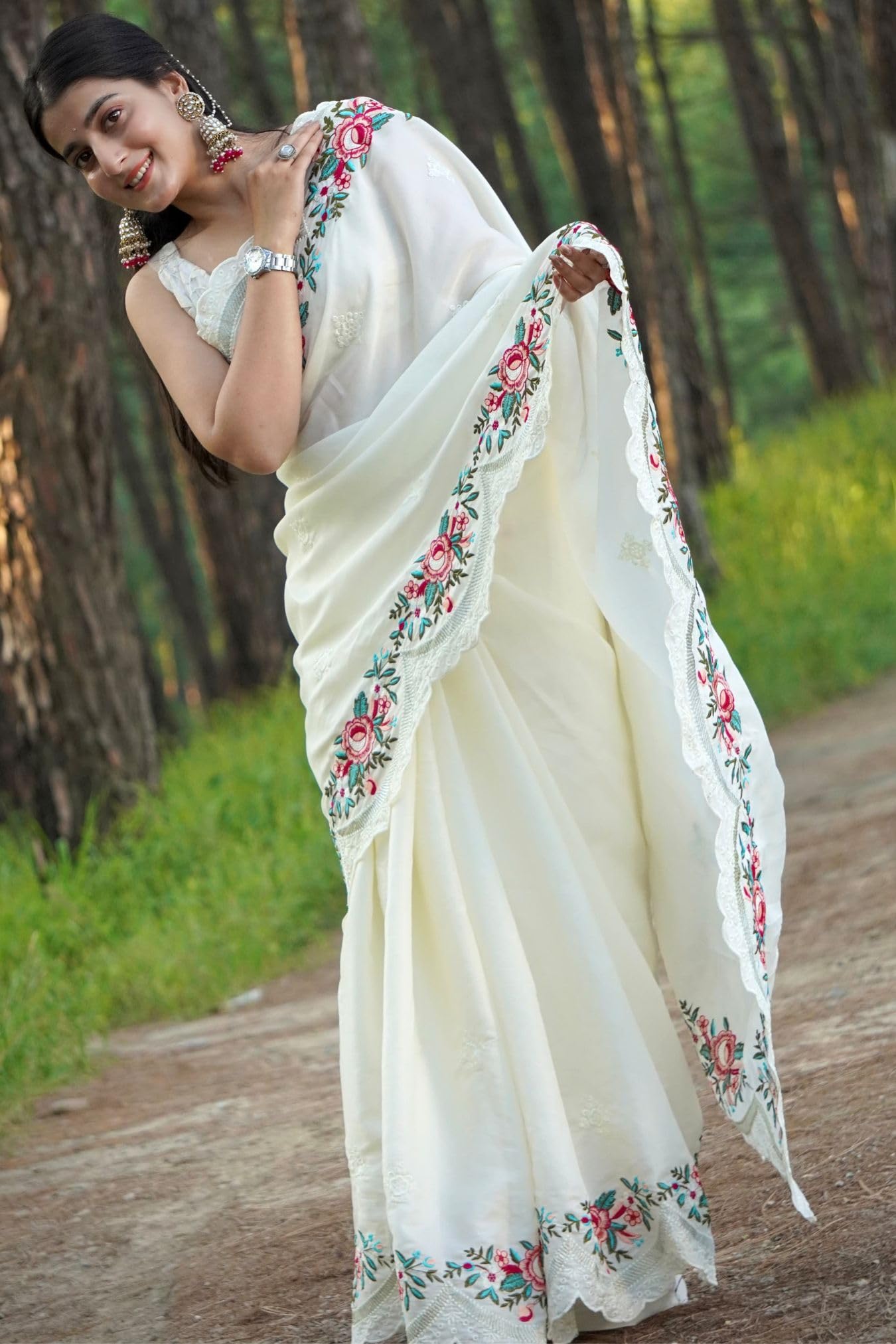 SGF11 Women's Tussar Silk Embroidery Work Saree With Unstitched Blouse Piece (White) product image 3