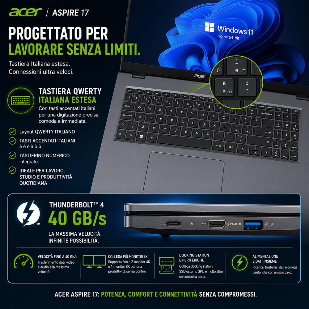 Acer Notebook Aspire, Display 17.3" FullHD IPS, Intel Core i7-13620H, DDR5 | 10Core, 16GB DDR5, Thunderbolt 40Gb/s, SSD 512GB, Wi-Fi6, Win 11, Ready to Use, include alimentatore e libre office