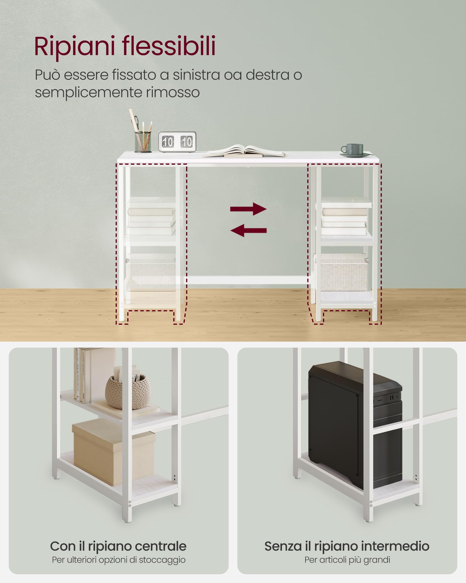VASAGLE Scrivania per Computer, Scrittoio con 2 Ripiani a Sinistra o Destra, Tavolo da Lavoro, per Ufficio Soggiorno, Struttura in Acciaio, Moderno, Bianco d'Acero LWD047W44