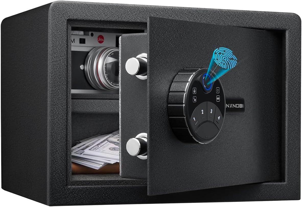 small biometric security lock box,0.78 cubic feet,removable shelf quick access safe box with upgraded fingerprint scanner for home office hotel use