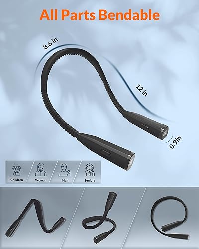 Miniatura 6 de Luz de cuello de lectura, 3 colores y 5 brillos, luz de libro para leer en la cama, lámpara recargable con cómodo brazo de silicona, lámpara de