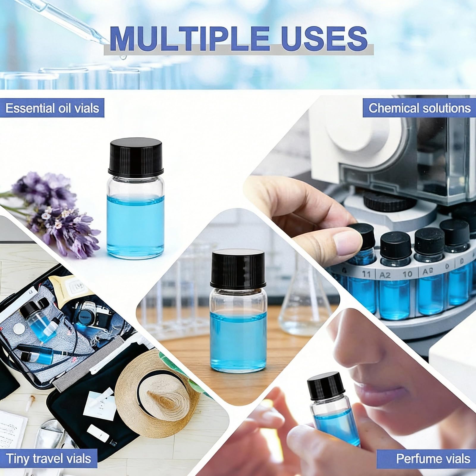 Mini flaconcini trasparenti da 7 ml in vetro con tappo a vite nero, contenitori da viaggio trasparenti per test di laboratorio, confezione da 16