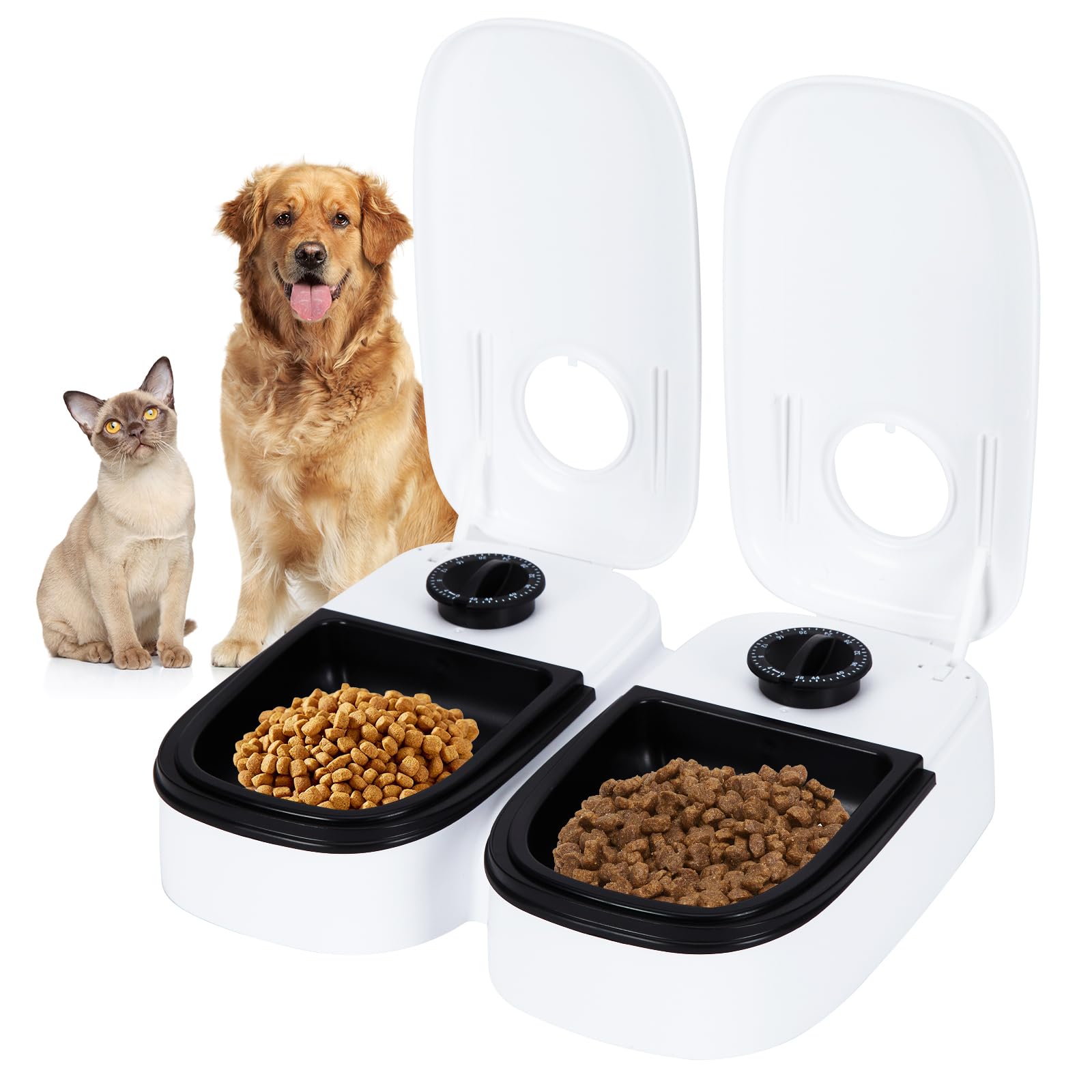 2 Meal Automatic Cat Feeder with 48H Timer, 700ML Pet Dry and Wet Food Dispenser, Built-in Timers Dual Bowl Feeder BPA Free Timed Feeding Station for Cats and Small/Medium Dogs (Black)