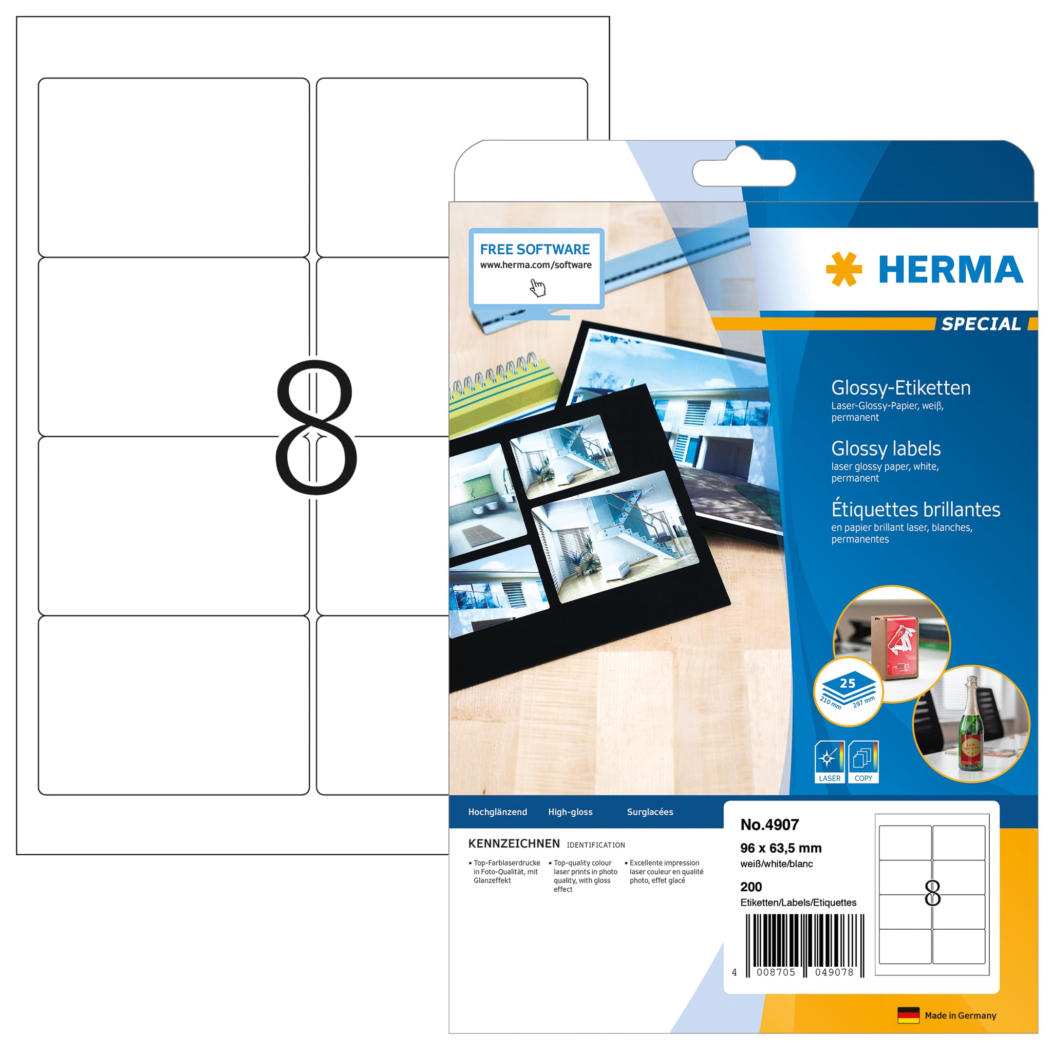HERMA 4907 Hochglanz Etiketten, 25 Blatt, 96 x 63,5 mm, 8 pro A4 Bogen, 200 Stück, selbstklebend, bedruckbar, glänzend, blanko Glossy Papier Klebeetiketten Aufkleber, weiß