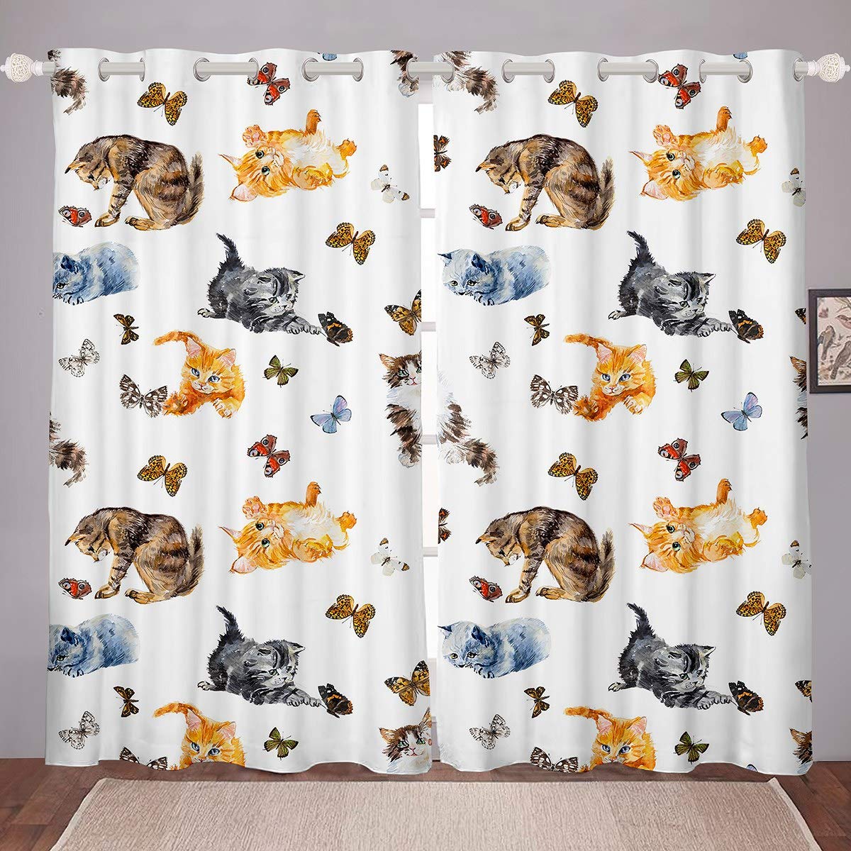 Loussiesd Boys Colour 19 Cat Curtains For Bedroom For Kids Girls Cute Kitten Print Blackout Curtains 3D Cat Butterflies Print Window Curtain Hypoallergenic Darkening Thermal Drapes W66*L72,2 Panel Set
