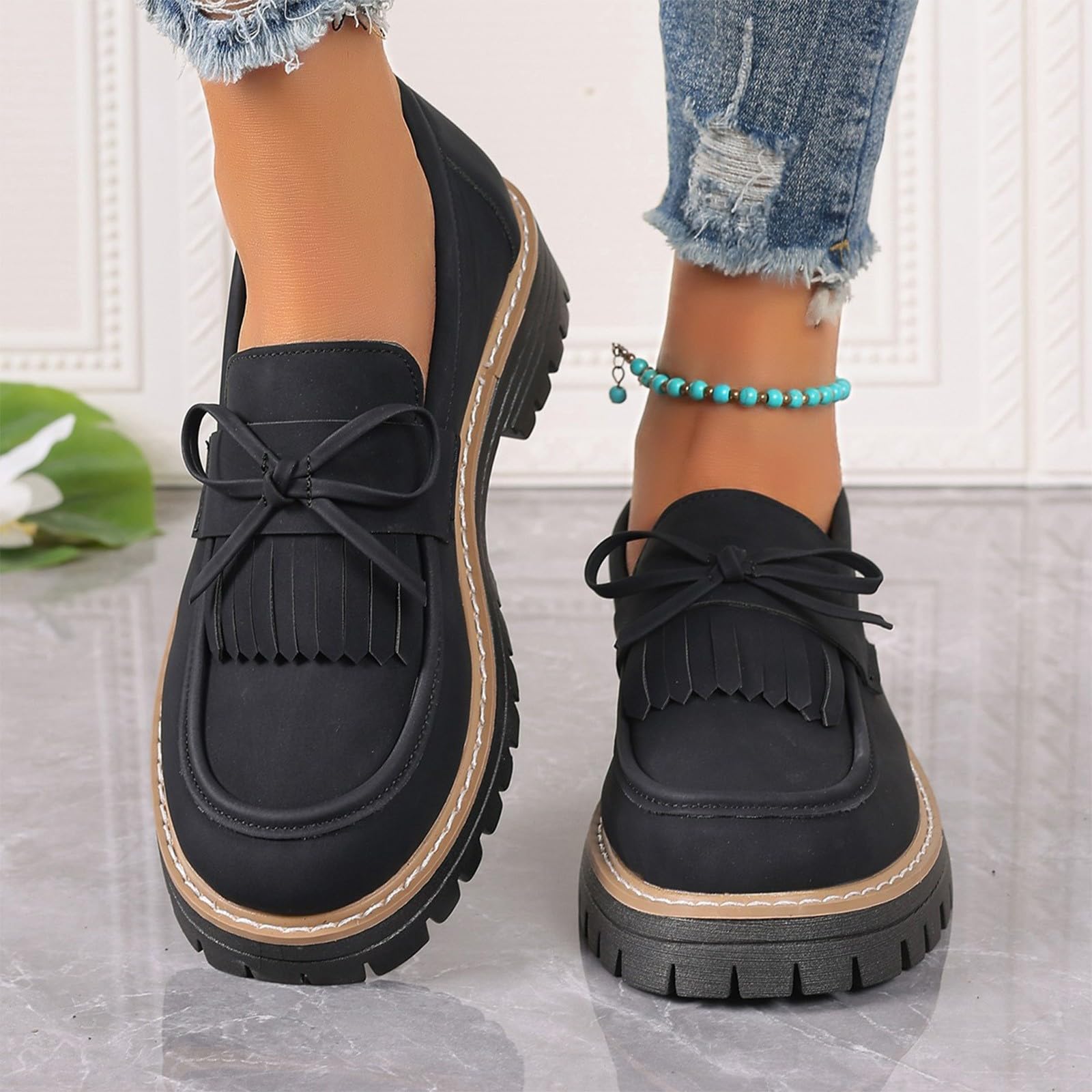 Zapatos de verano casuales con detalle de borla y lazo, tacón bajo, sin cordones, calzado cómodo para caminar para salidas diarias