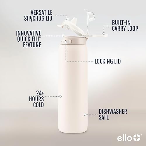 Miniatura 3 de Ello - Botella de agua Pop & Fill, acero inoxidable, tecnología llenado rápido, metal con aislamiento al vacío de doble pared, tapa antifugas, sin