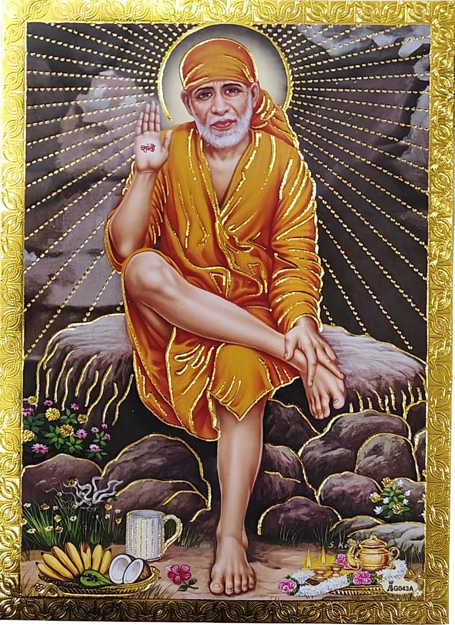 Rastogi Handicraft Best Of Indian Reprint Hindu God Poster/Picture with Golden Foil Unframed (Sai-Baba-Of-Shirdi-7"X5")