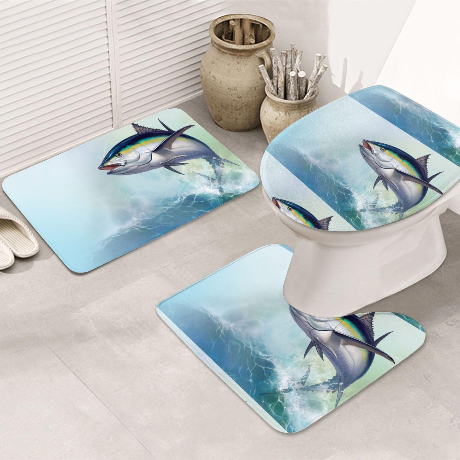 Tapis de Bain 3 pièces, antidérapants, Tapis de Sol de Salle de Bain lavables et absorbants,Thon Rouge océan