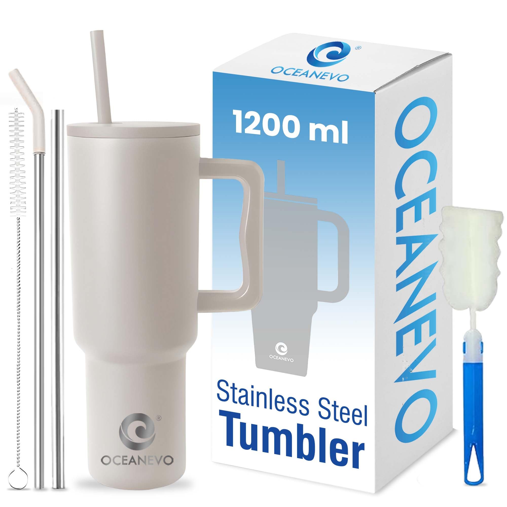 1200 ML Stainless Steel Tumbler with Lid and 3 Straws, Double Insulated Cup with Handle for Hot and Cold, 100% Leakproof Mug for Office, Gym and Travel - Beige