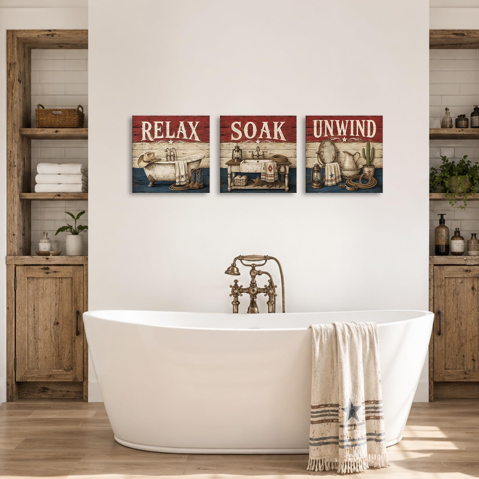 Conipit Decorazione da parete rustica occidentale per bagno, relax, rilassati, decorazione da parete per casa colonica, con vasca da bagno, accessori occidentali, stampe da parete in stile country