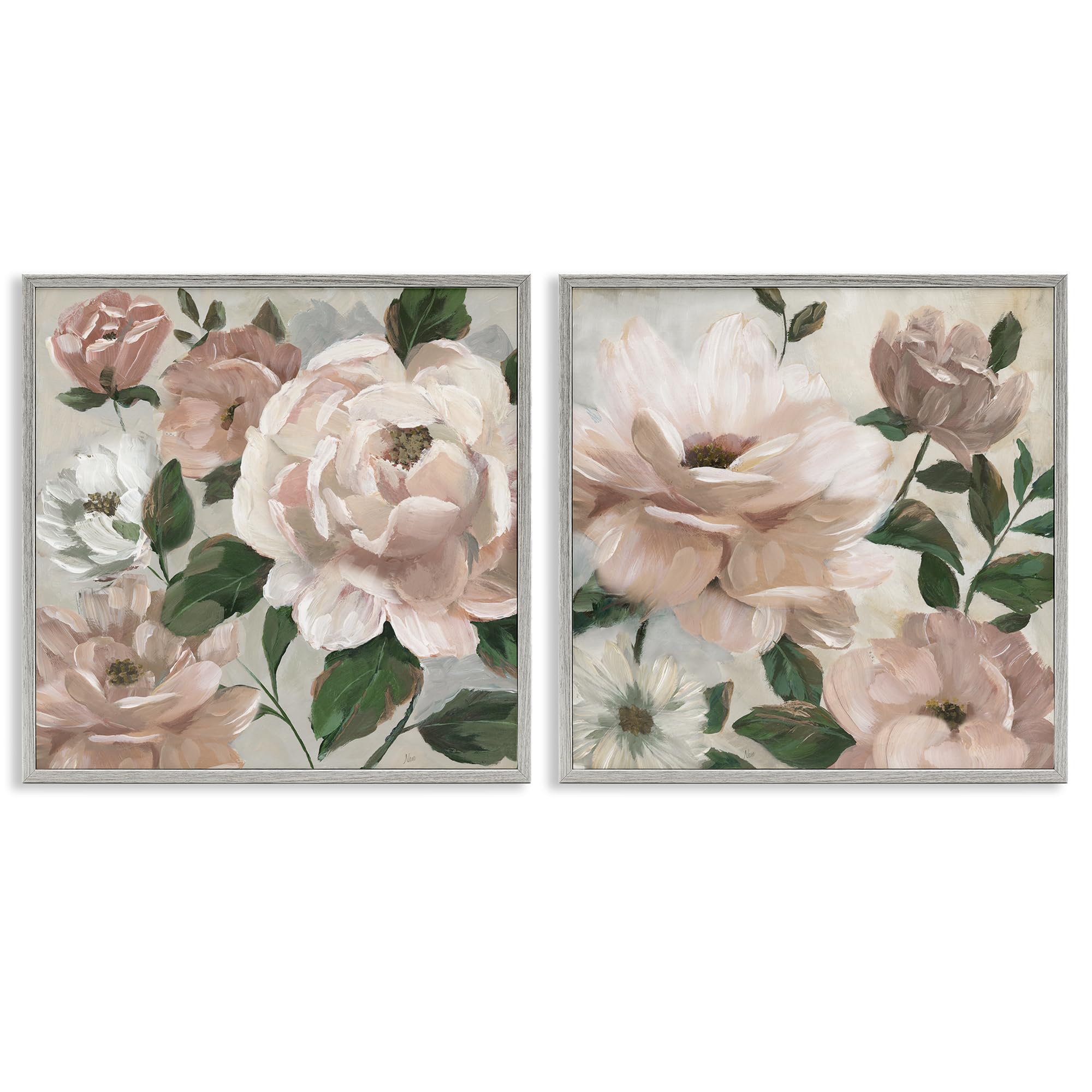 Stupell Industries Farmhouse Gray (Textured) 'Elegant Blush Peonies & Leaves', 2Pc Framed Giclee Art Set 2, Gray, 24 X 24 Inches, Easy To Hang And Sturdy, Made In Usa, By Nan