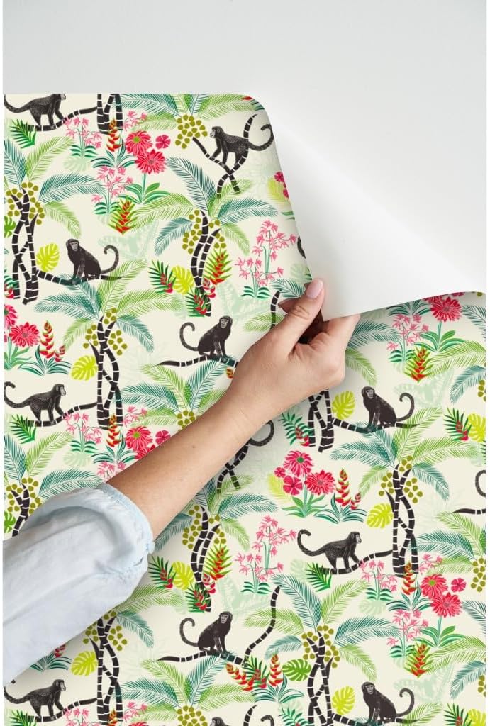 Peel & Stick Wallpaper 3ft x 2ft - Tropical Monkeys Floral Trees Animals Monkey Summer Custom Removable Wallpaper by Spoonflower