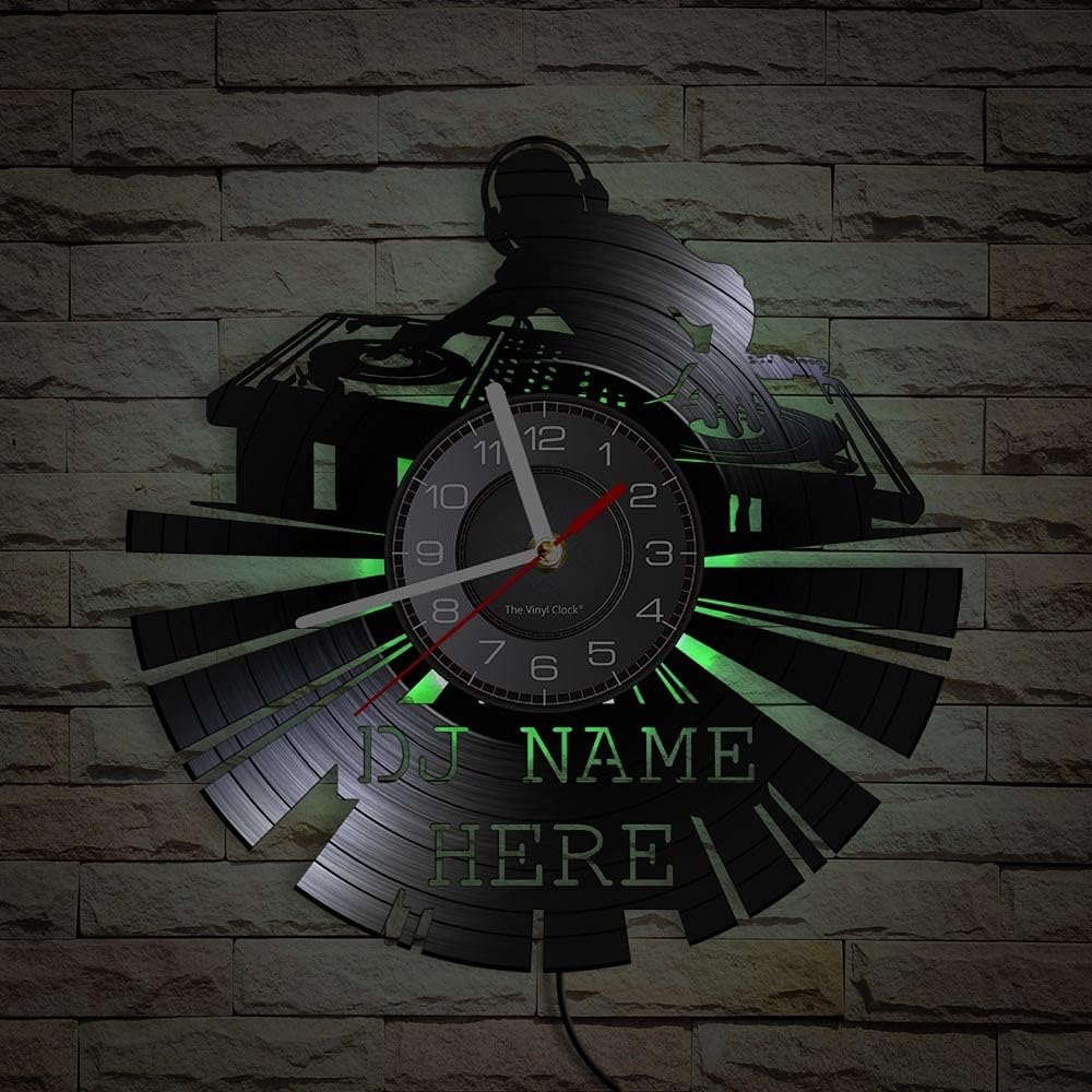 Custom DJ Name Vinyl Record Wall Clock with Color Changing Light Vintage Music Disk DJ Name Personalized Your Name Silent Quartz Watch Rock N Roll Music Retro Gift (with Light)