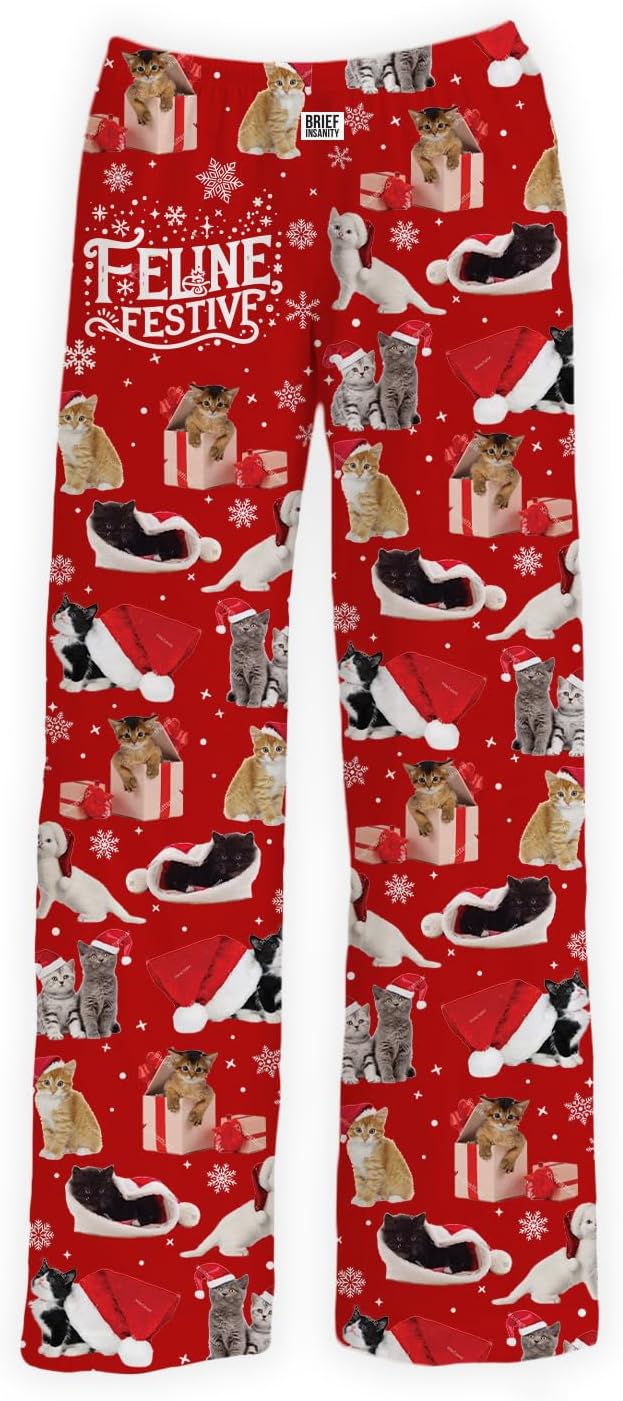 BRIEF INSANITY Lounge Pajama Pants for Men and Women | Red Christmas Adorable Cat Print Bottoms - Comfy, Ultra Soft, Novelty Loungewear Pants (Feline Festive, Large)