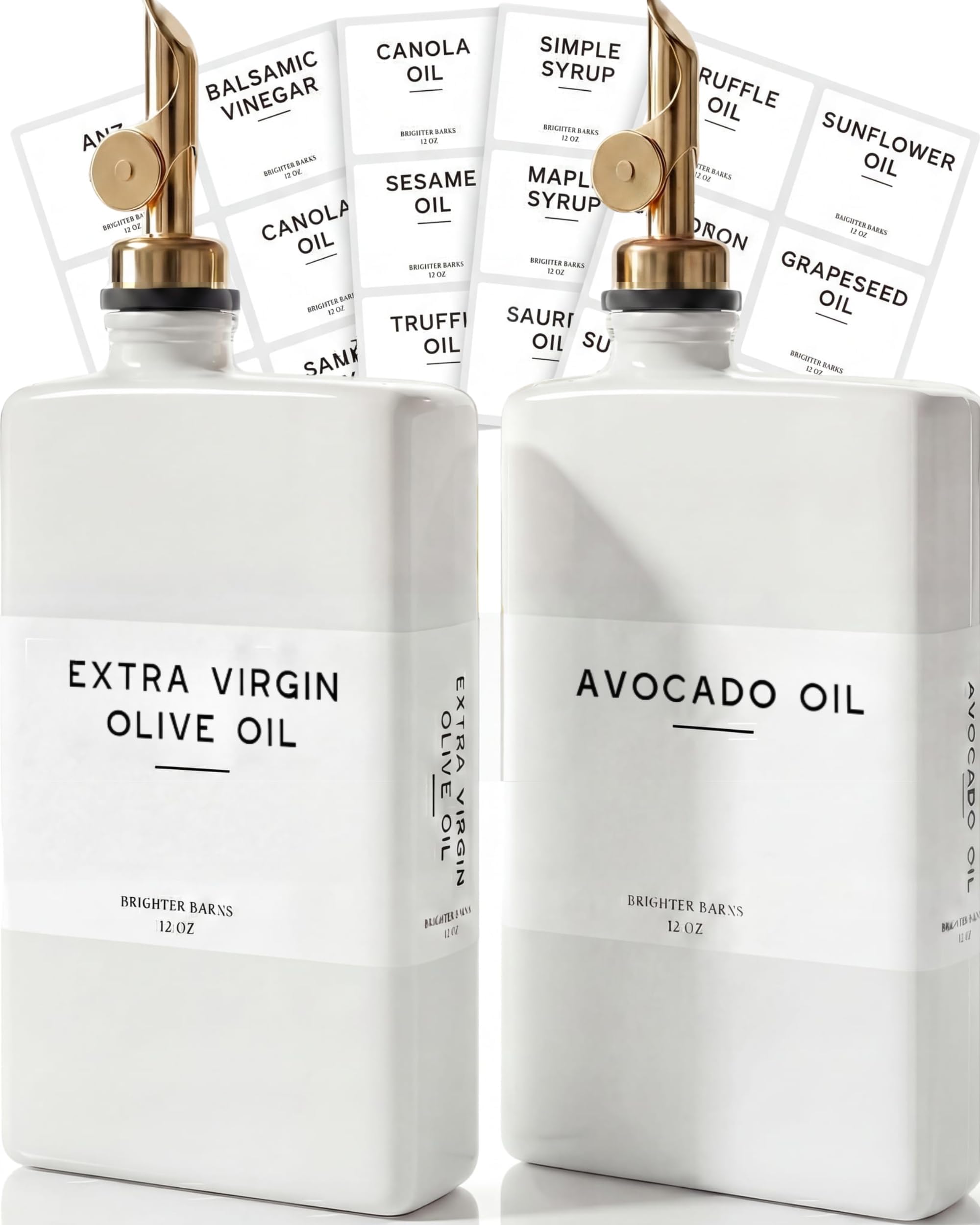 White Glass Olive Oil Dispenser Bottle for Kitchen by Brighter Barns - Avocado Oil Dispenser Set, Vanilla Syrup Bottle - Modern Decor, Gold Kitchen Accessories for Airbnb, Cafe (White/Gold, Set of 2)