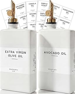 White Glass Olive Oil Dispenser Bottle for Kitchen by Brighter Barns - Avocado Oil Dispenser Set, Vanilla Syrup Bottle - Modern Decor, Gold Kitchen Accessories for Airbnb, Cafe (White/Gold, Set of 2)