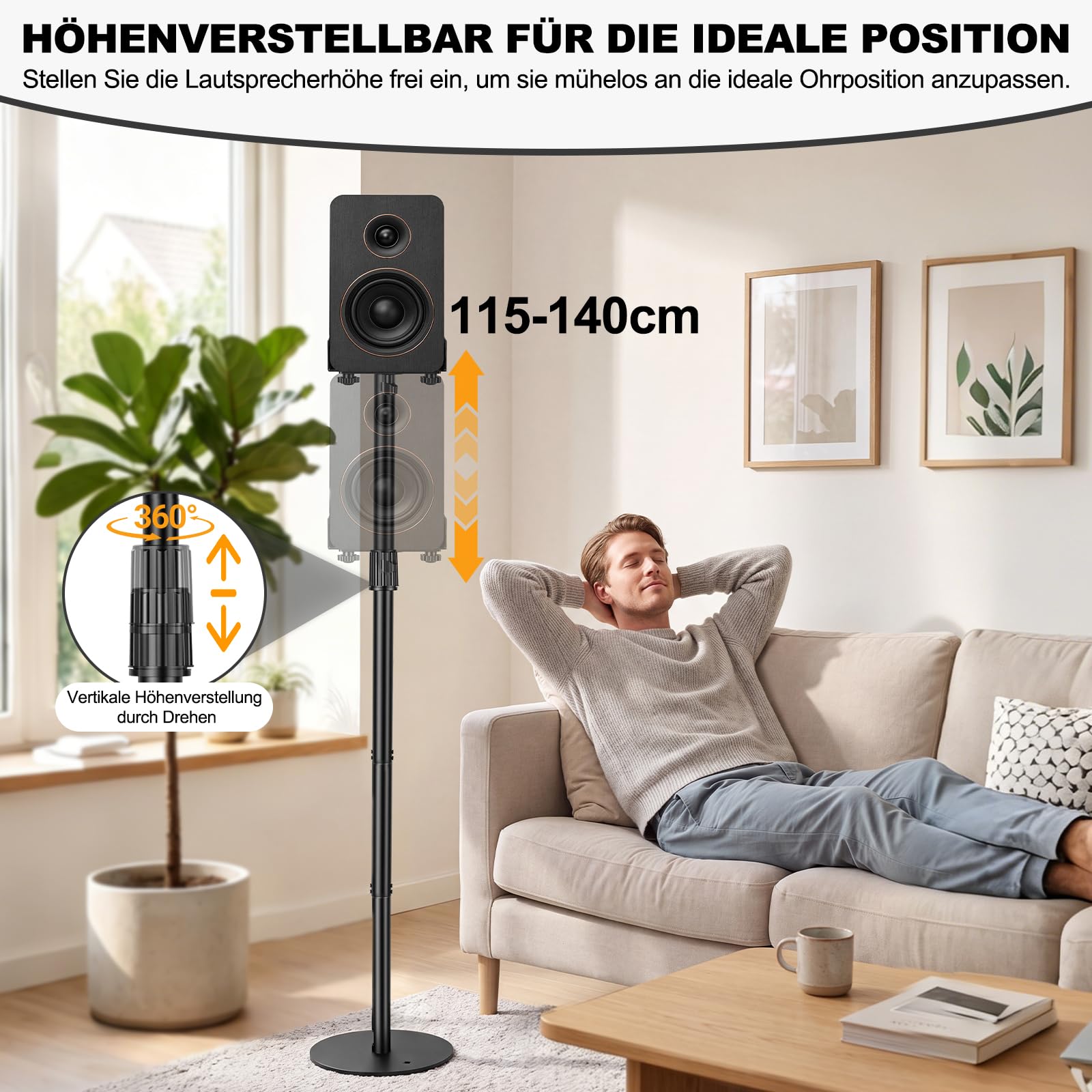 OUUTMEE Zestaw 2 regulowanych 3-częściowych uchwytów głośnikowych, do 10 kg | Stojak głośnikowy, zakres regulacji wysokości : 115-140 cm, kompatybilny z wieloma modelami głośników