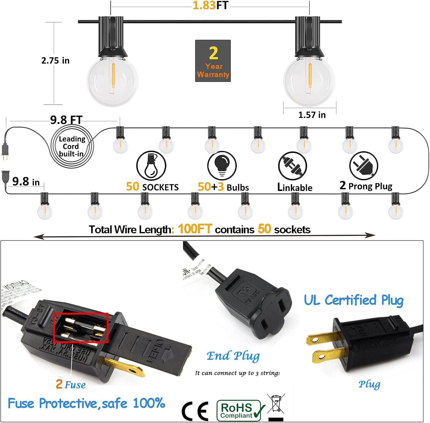 100FT LED String Lights Outdoor Waterproof G40 Globe String Lights with 52 Shatterproof Bulbs(2 Extra), Dimmable Connectable Patio Lights String for Hanging Bistro Backyard Gazebo Lights