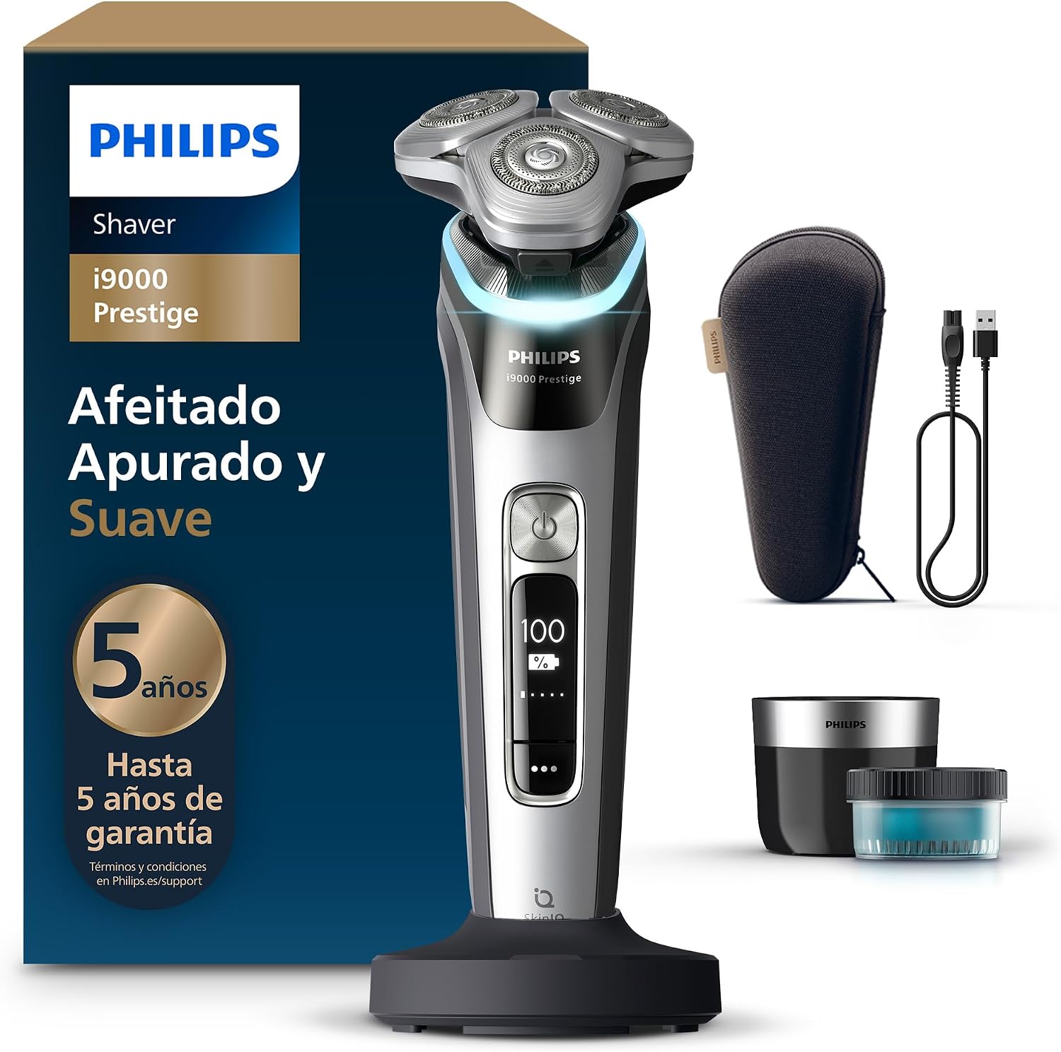 Philips i9000 Prestige, Afeitadora Eléctrica Hombre, Máquina de Afeitar Barba en Seco y Húmedo, Tecnología SkinIQ, Base de Carga, Recargable, Estuche de Viaje, Centro de limpieza, XP9205/30