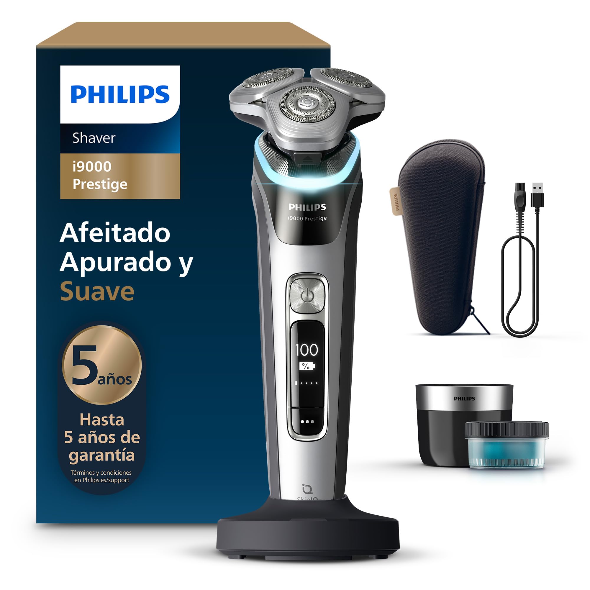 Philips i9000 Prestige, Afeitadora Eléctrica Hombre, Máquina de Afeitar Barba en Seco y Mojado, Tecnología SkinIQ, Base de Carga, Recargable, Estuche de Viaje, Centro de limpieza, XP9205/30 GreenCircle Certified: Certified Environmental Facts Label