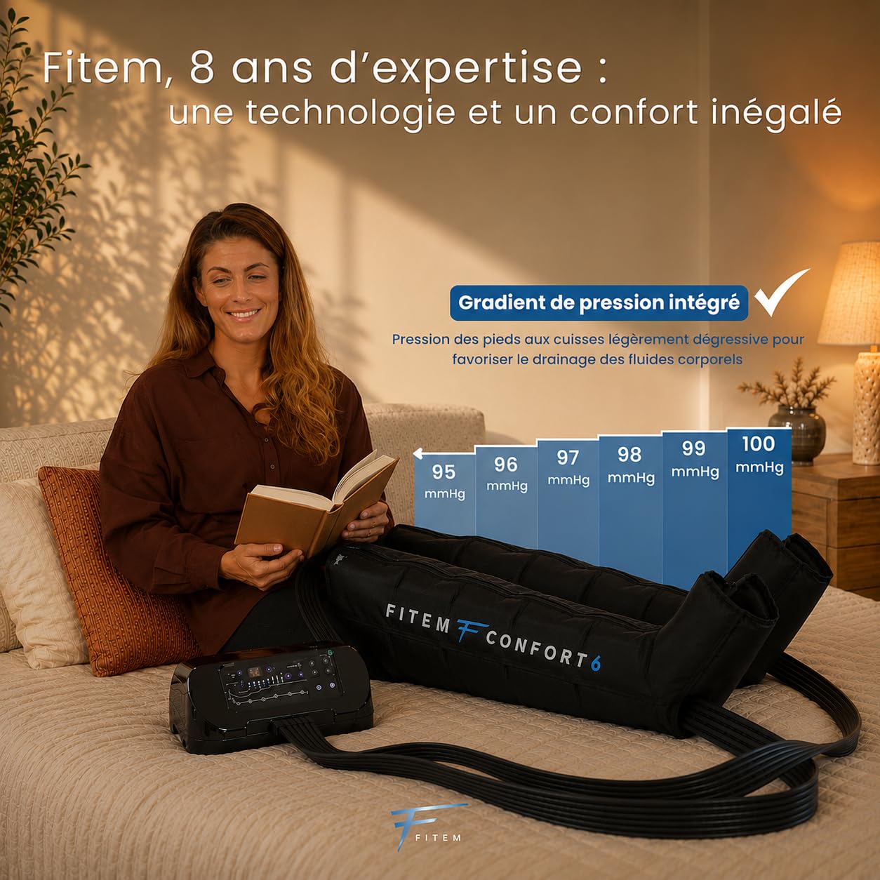 Fitem Bottes de Pressothérapie 6 chambres - 6 modes de Massage - Massage Jambes, pieds - Drainage lymphatique, Jambes Lourdes, Œdème, Lymphoedème, Lipoedème, Cellulite - Récupération Sportive