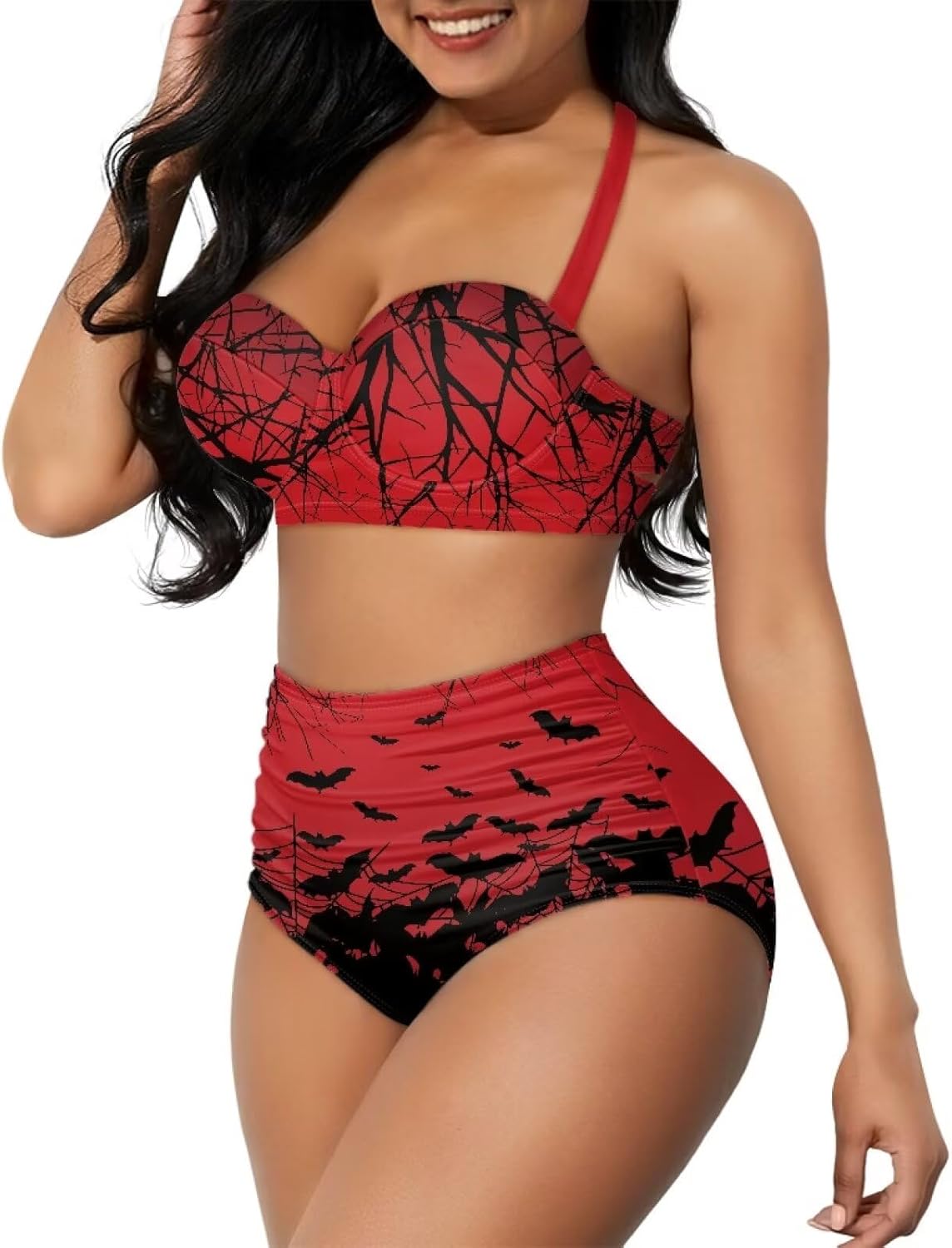 Womens High Waisted Halter Bikini Set Tummy Control Ruched Swimsuit Sexy 2 Piece Bathing Suits Size S-2XL