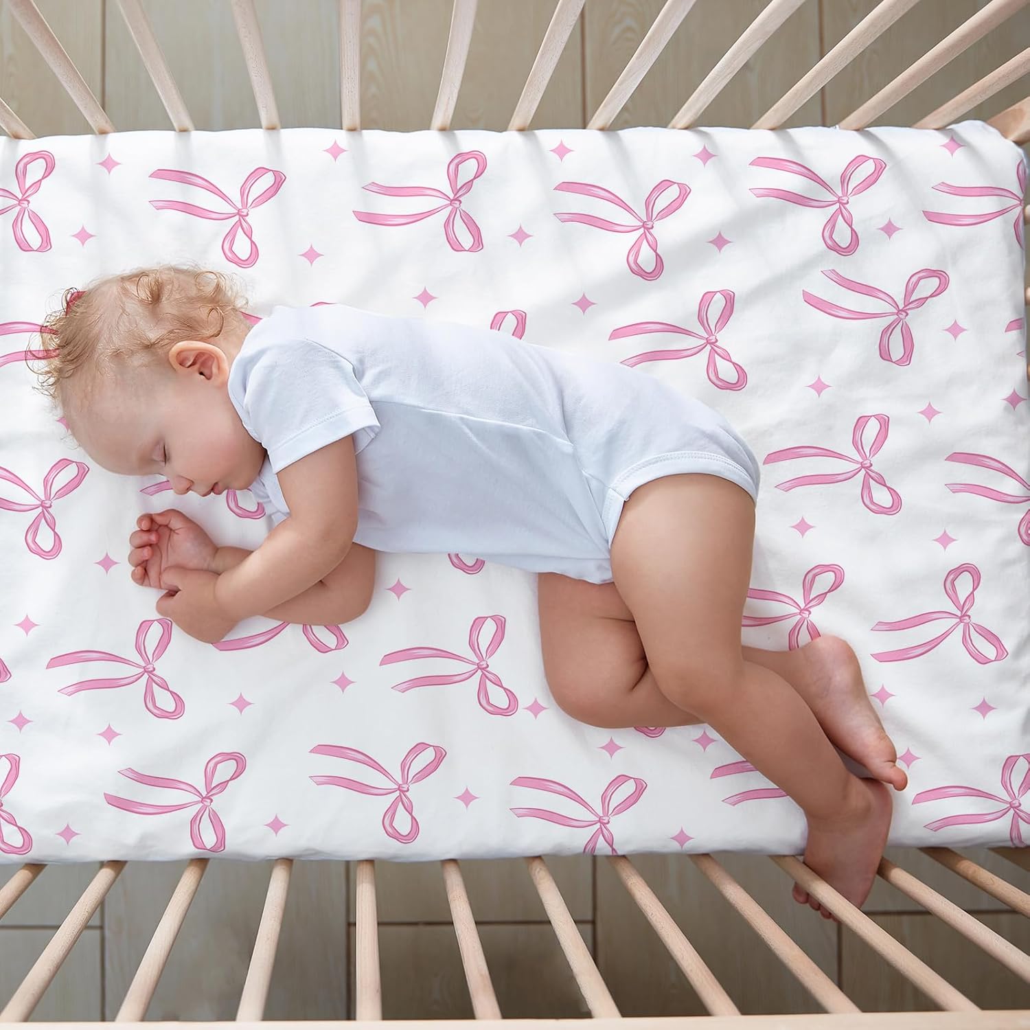 CroBlissful 4 Pack Coquette Pink Bows Baby Crib Fitted Sheet 52'' x 28'' Pink Bows Fitted Crib Mattress Sheet Coquette Baby Bedding for Standard Mattress Gift Set
