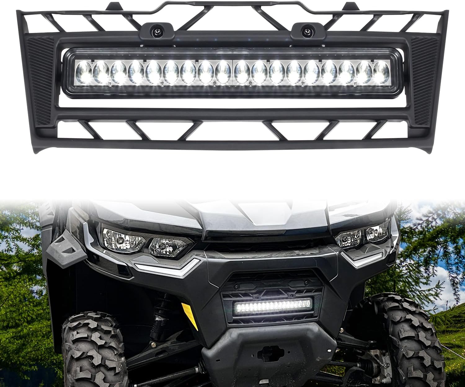 Front Grill for Defender HD9, Front Bumper Mesh Grill with LED Light Compatible with Can-Am Defender HD7 HD9 HD5 HD8 HD10 MAX 2020-2025 Accessories, Grill with Adjustable Light Bar
