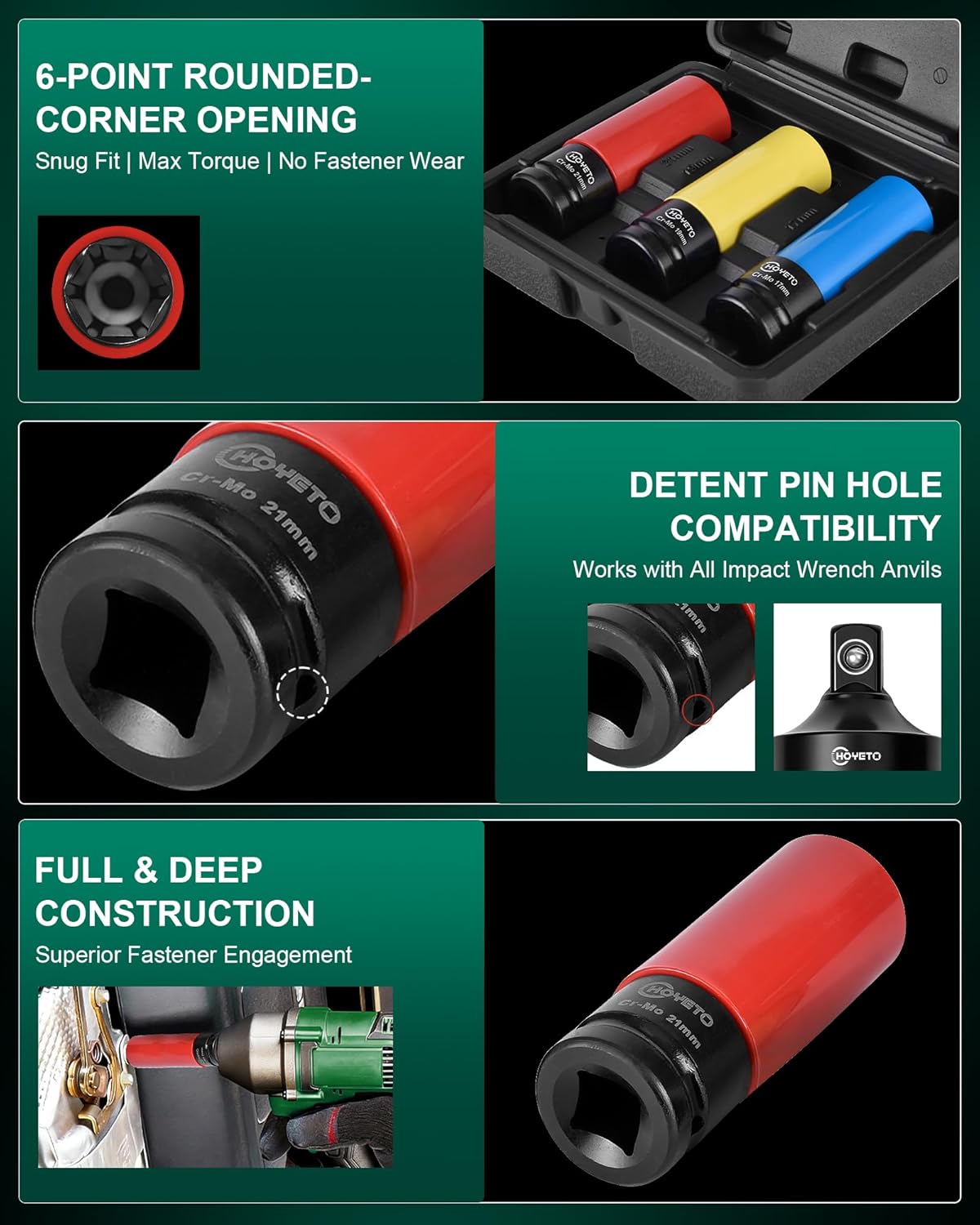 3PCS 1/2" Lug Nut Socket Set, Drive Lug Nut Set with Color-Coded Nylon Sleeve, Thin Wall Socket Set (17mm 19mm 21mm) Lug Nut Removal Tool with Cr-Mo, 1/2 Drive Socket Set for Power & Impact Wrenches